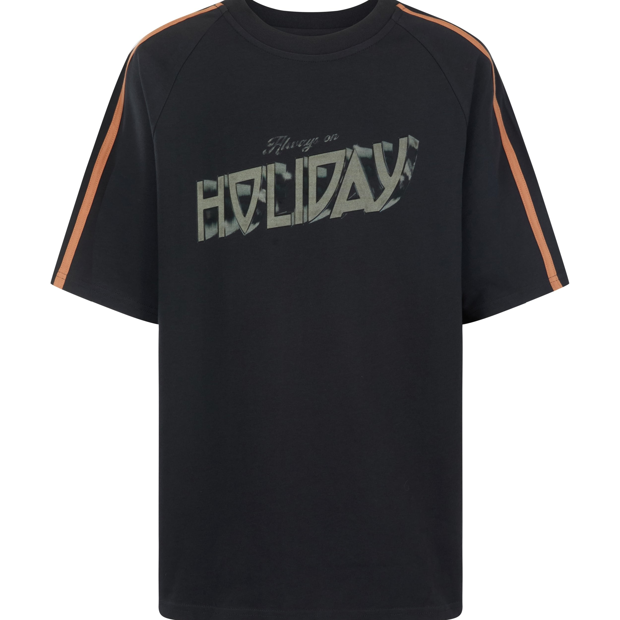 Front view of black AOH Raglan Tee showing Holiday text graphic and raglan sleeves with orange stripes