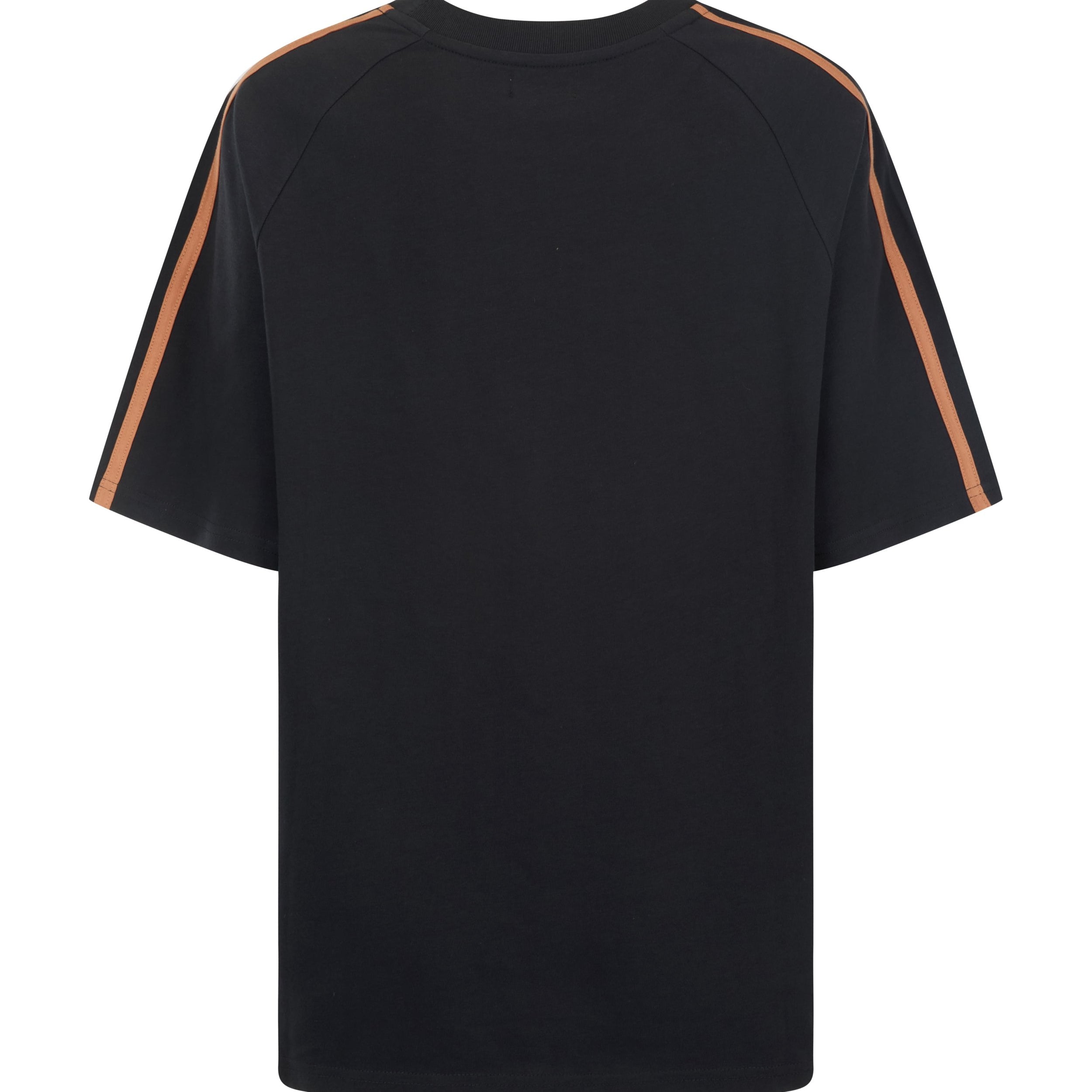 Back view of black AOH Raglan Tee displaying raglan sleeve construction and orange stripe detailing