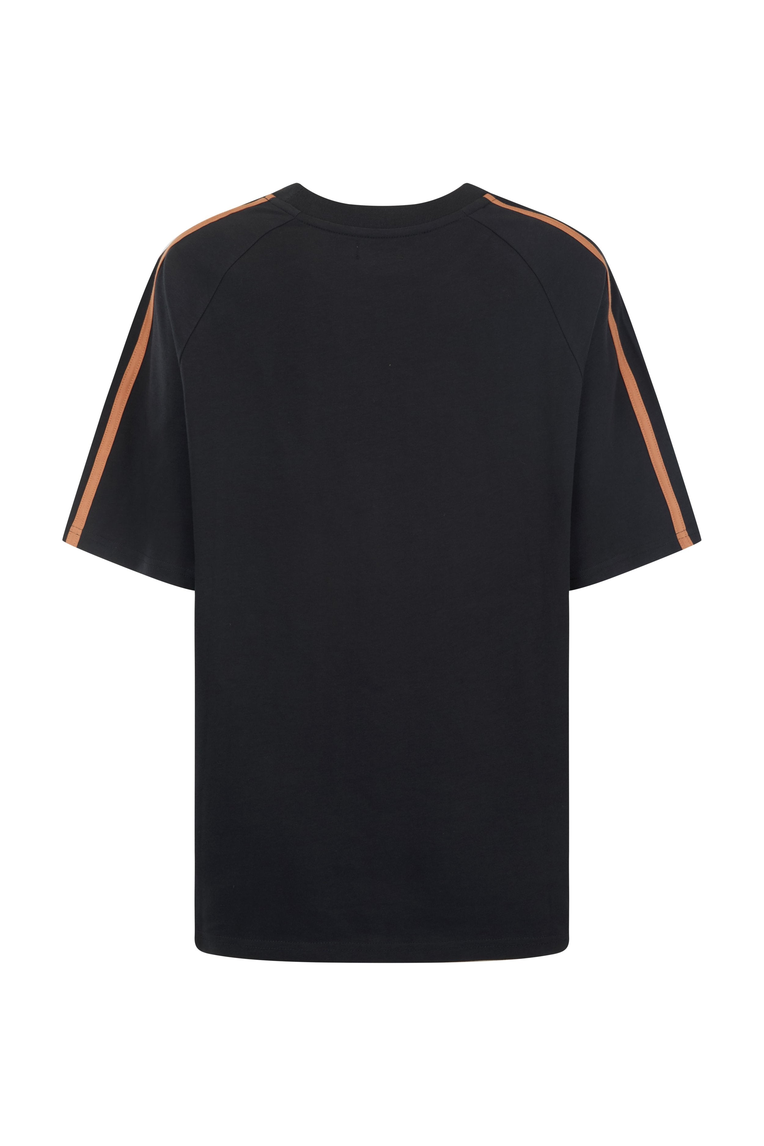 Back view of black AOH Raglan Tee displaying raglan sleeve construction and orange stripe detailing