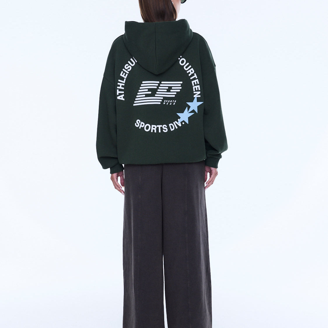 Back view of Aries Hoodie showing large text graphics and star detail