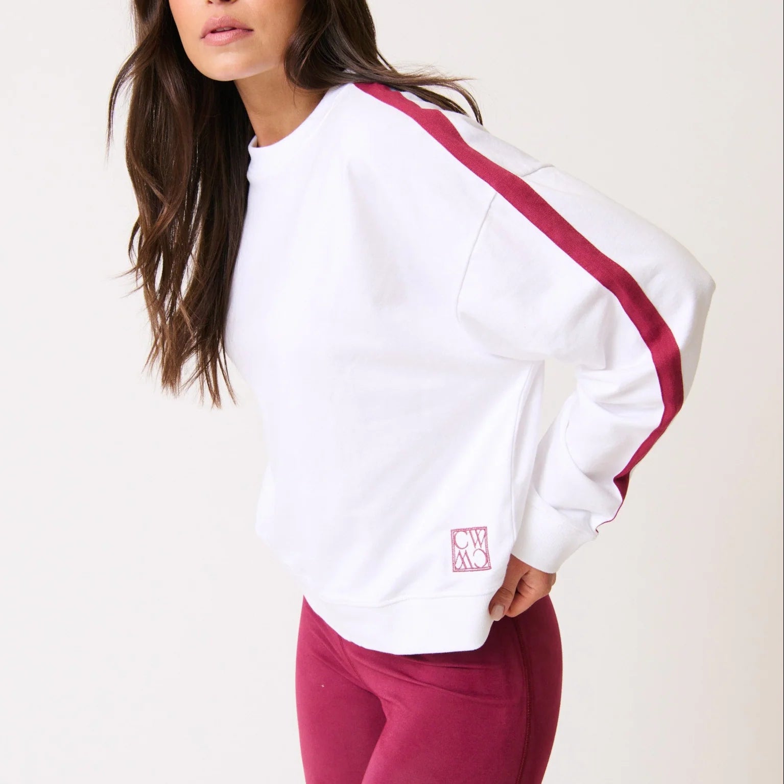 white sweater with maroon stripe from cartel and willow