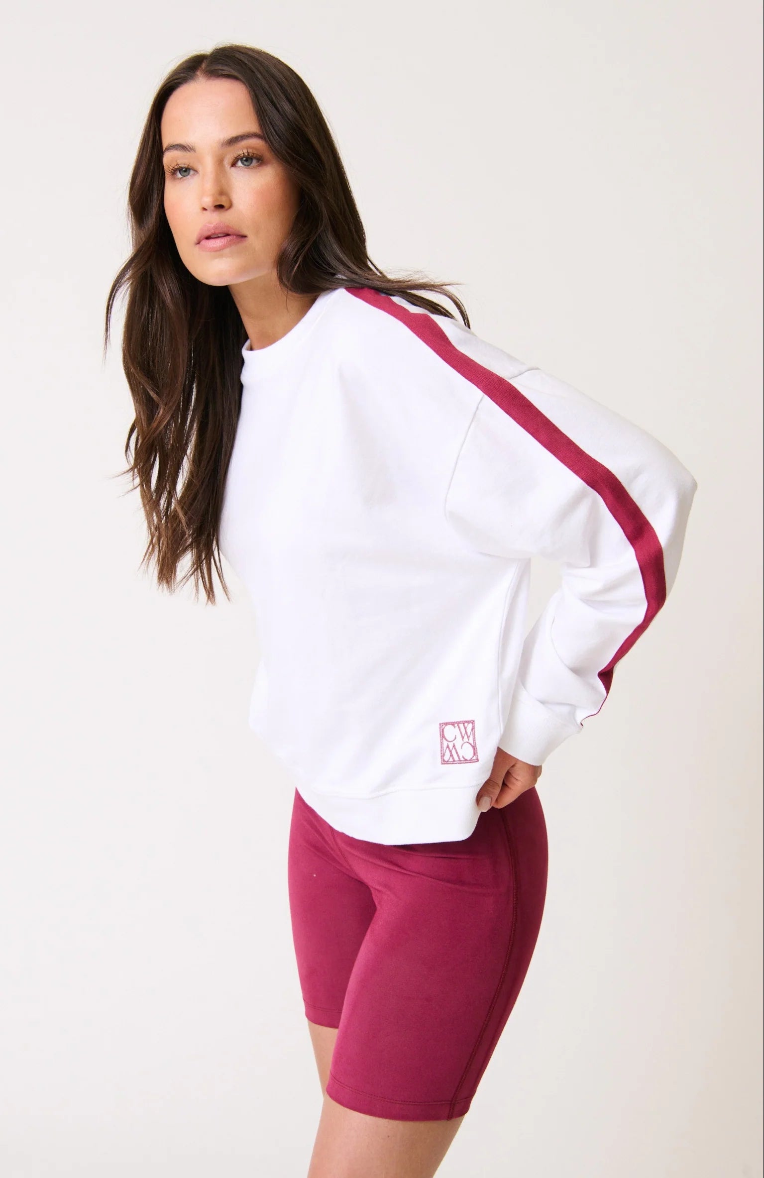 white sweater with maroon stripe from cartel and willow