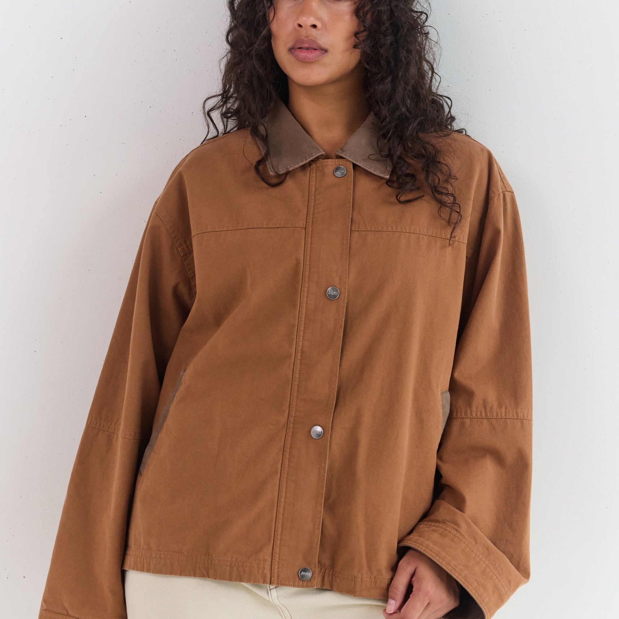 Womens camel jacket cotton canvas zip front Juni Addison style