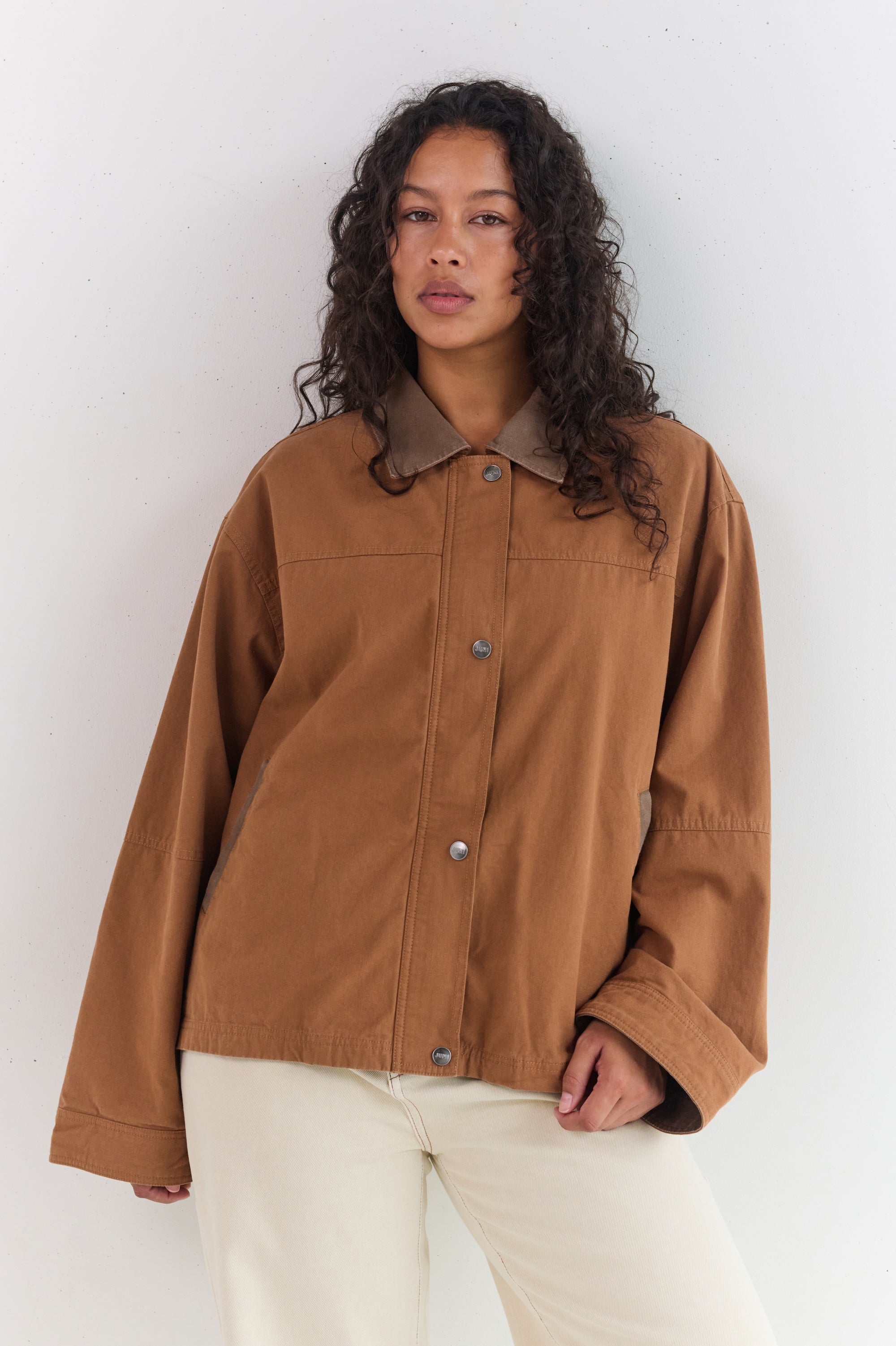 Womens camel jacket cotton canvas zip front Juni Addison style