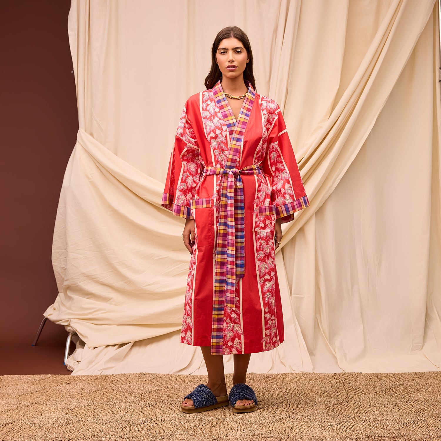 Front view of Agata Cotton Robe showing kimono sleeves and tie waist belt
