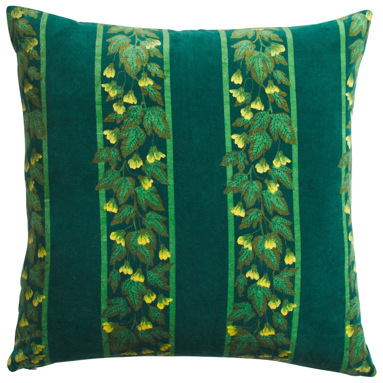 Agata Velvet Cushion in Verdant by Sage and Clare with striped botanical pattern on emerald green velvet