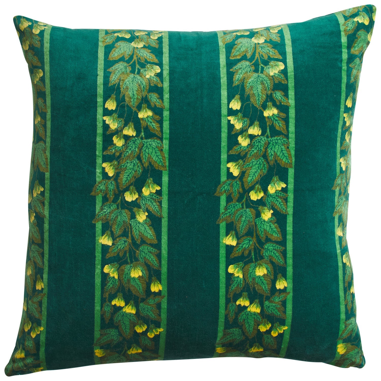 Agata Velvet Cushion in Verdant by Sage and Clare with striped botanical pattern on emerald green velvet