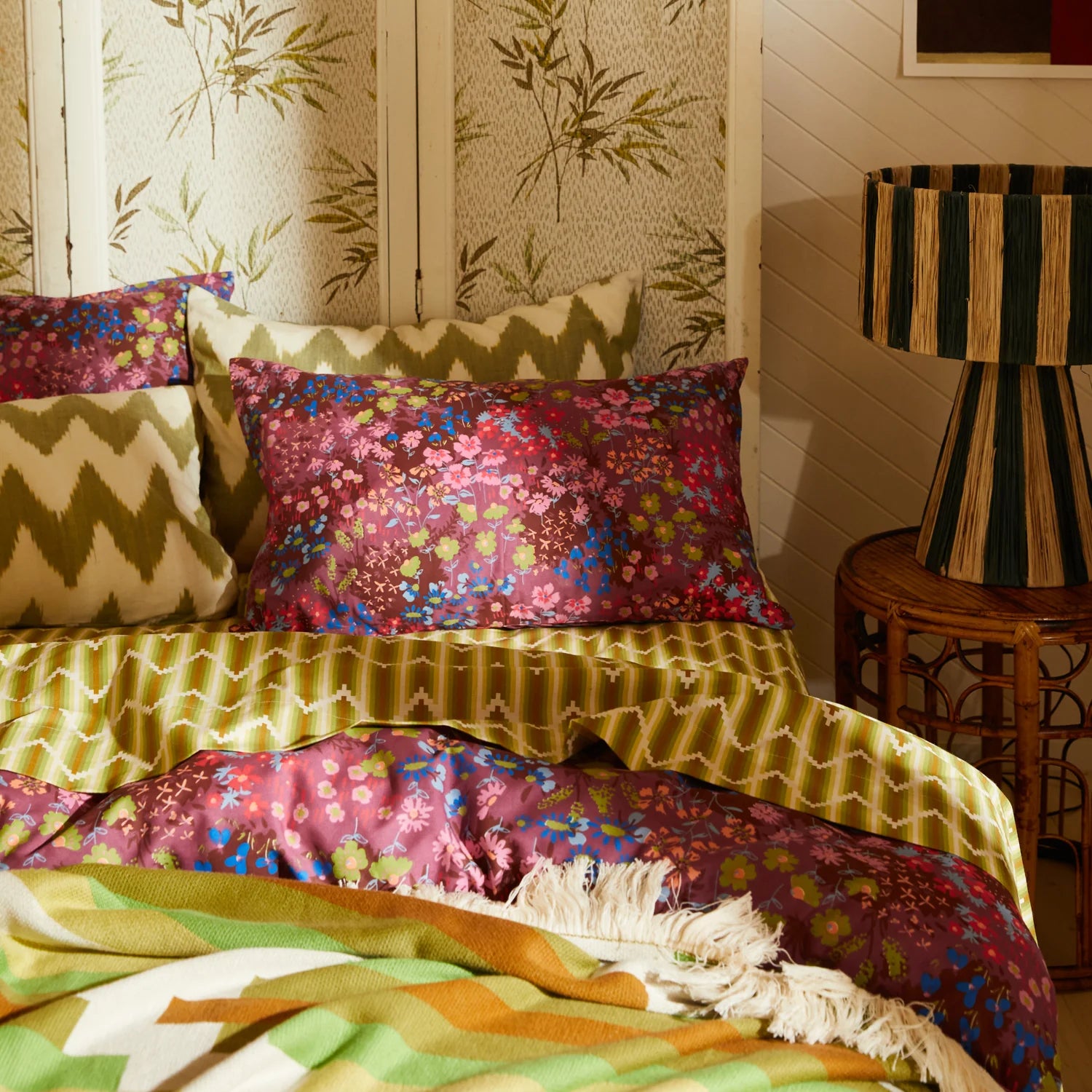 Aisha Cotton Pillowcase Set Plumberry by Sage & Clare - purple and pink floral design