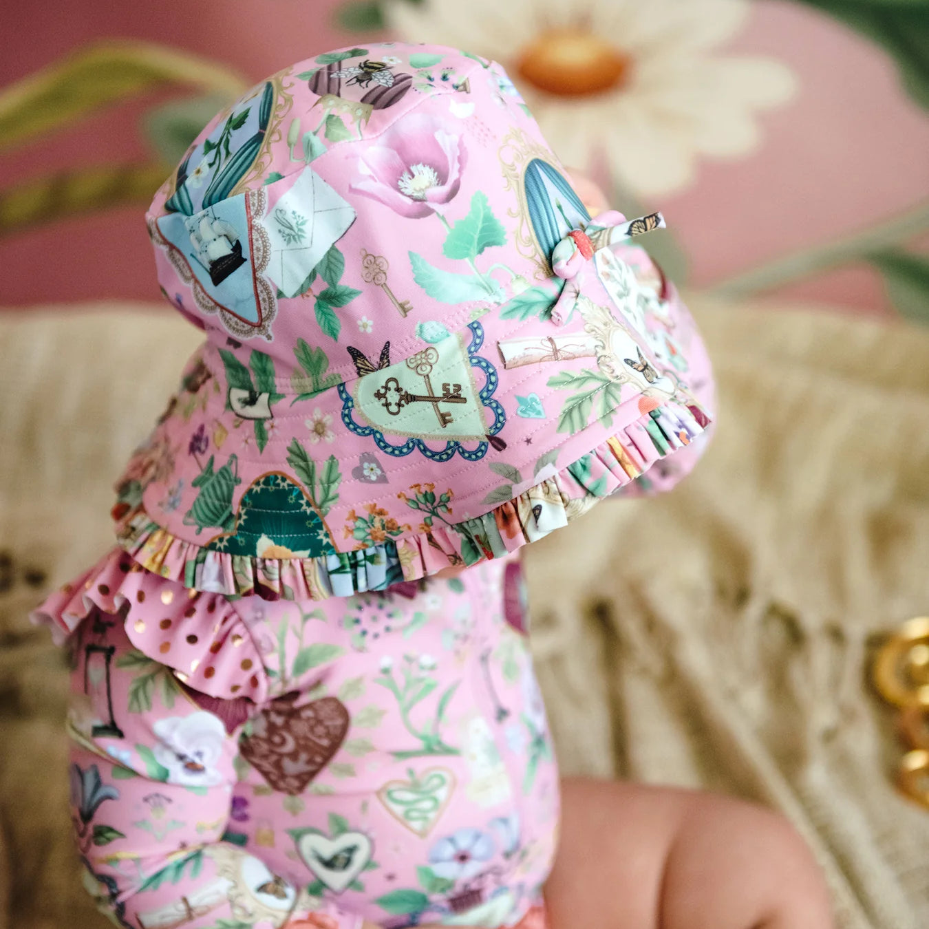 'All my Hearts' Delphine Baby One Piece Swimsuit - Pink Love by Fleur Harris - pink baby swimsuit with hearts, flowers, boats and bees