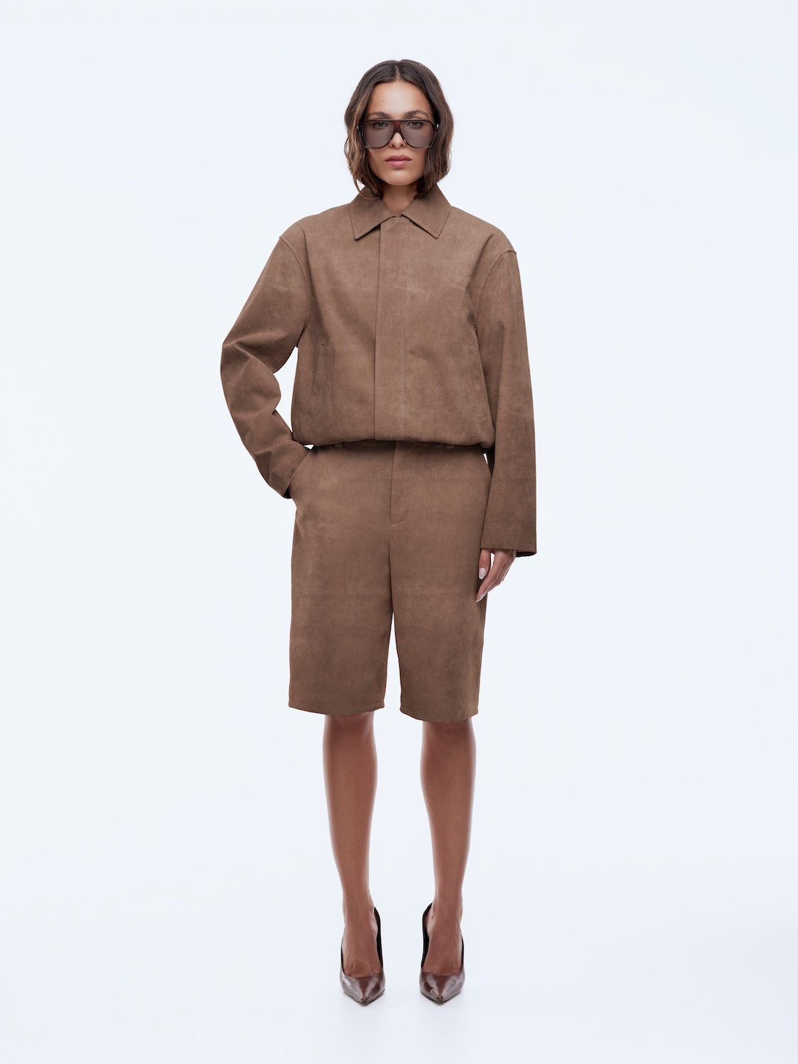 womens light brown suede bomber jacket by Ena Pelly