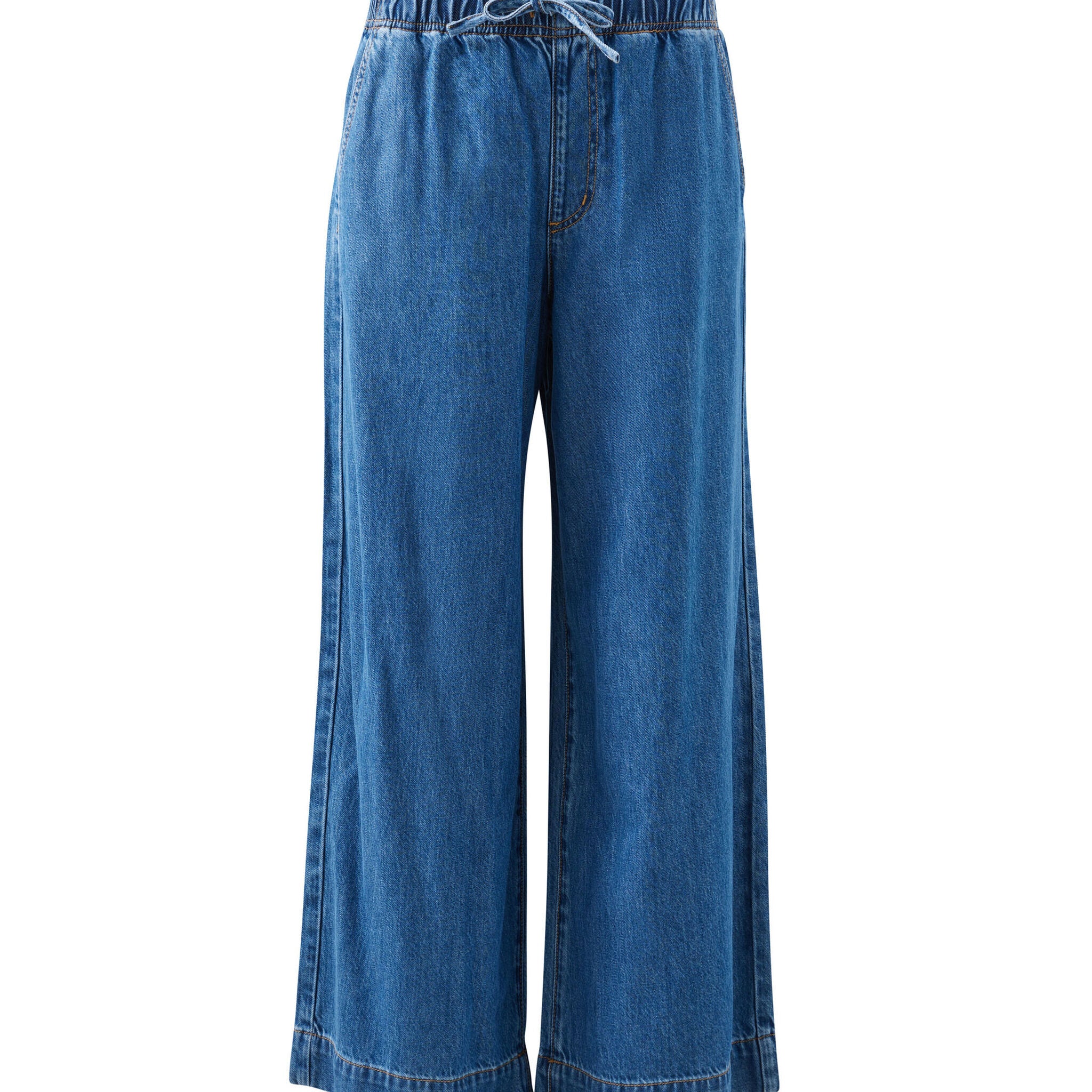 Front view of Andie Wide Leg Drawstring Pant in fresh indigo showing elastic waist and drawstring tie