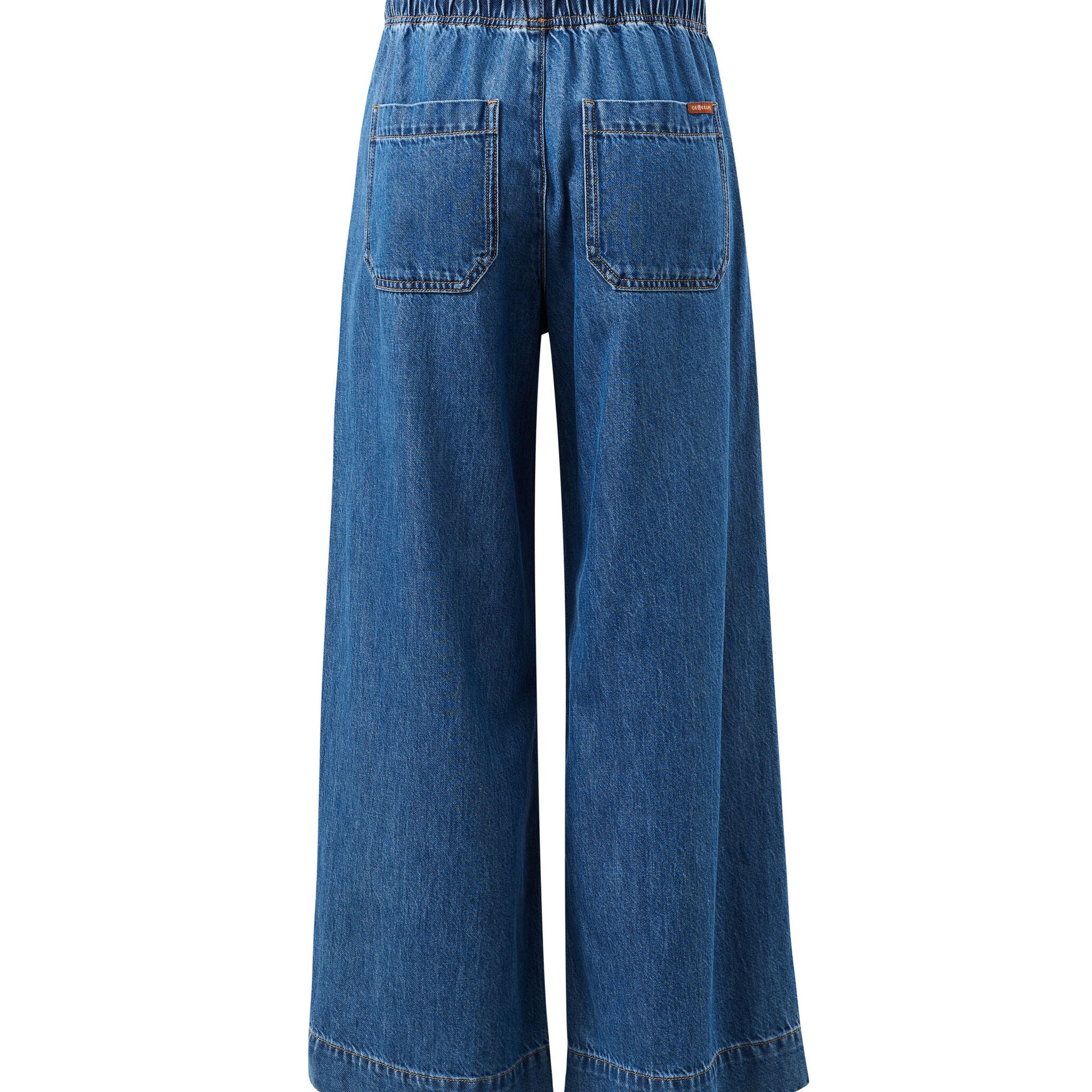 Back view of Andie Wide Leg Drawstring Pant in fresh indigo denim showing patch pockets and wide leg cut