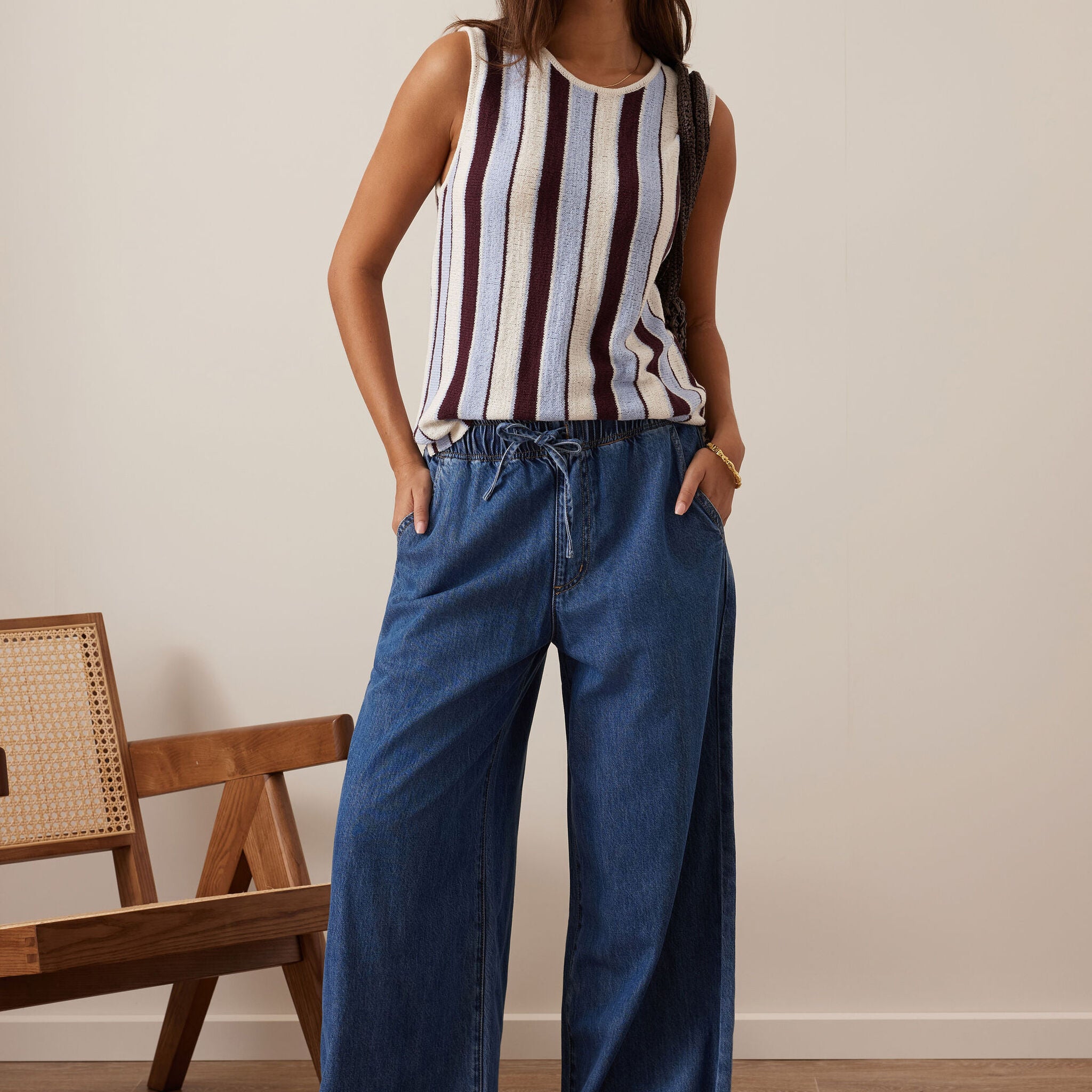 Full body view of Andie Wide Leg Drawstring Pant in fresh indigo denim showing complete relaxed fit styling