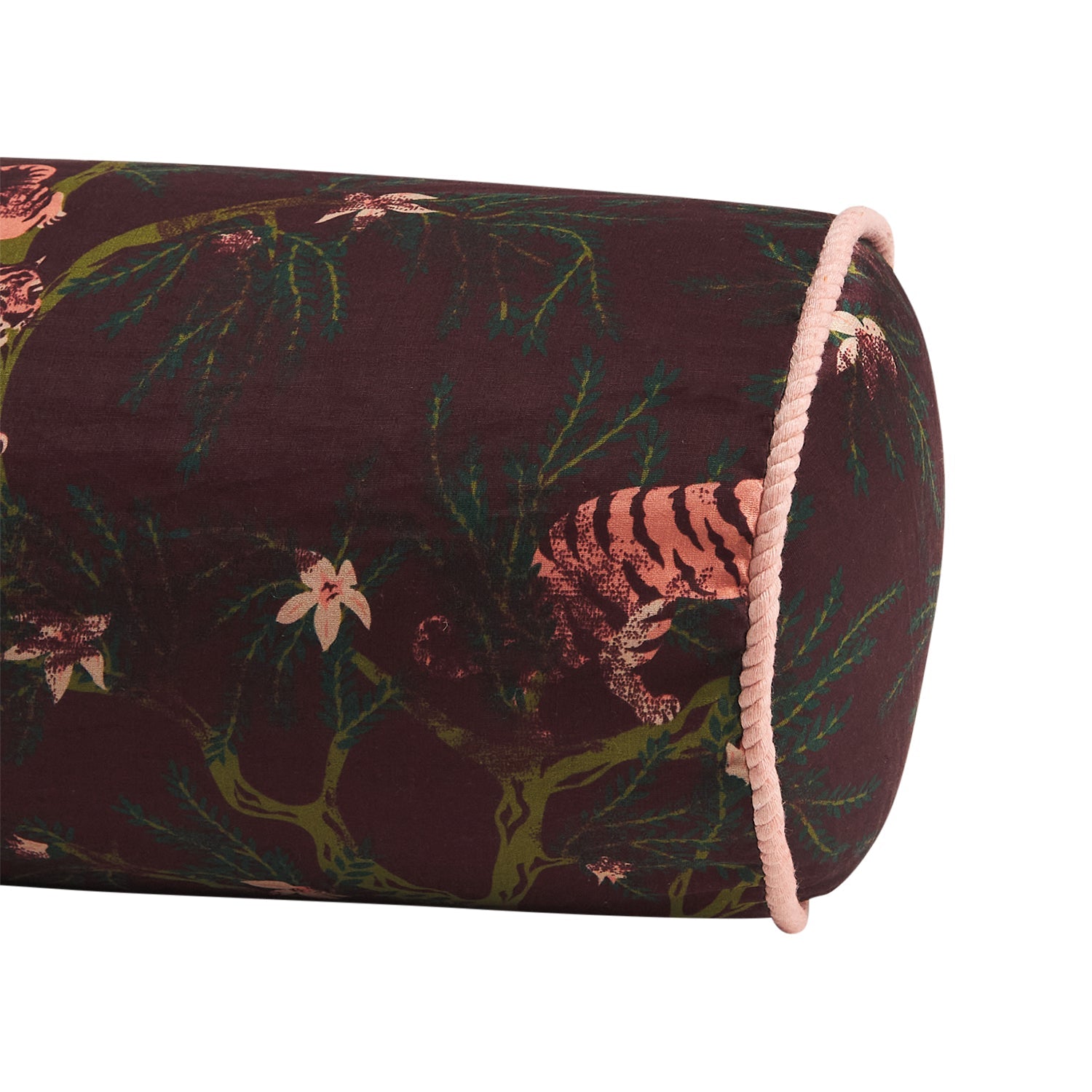 End view of Andrea Bolster Cushion showing pink piping edges and tiger jungle pattern detail