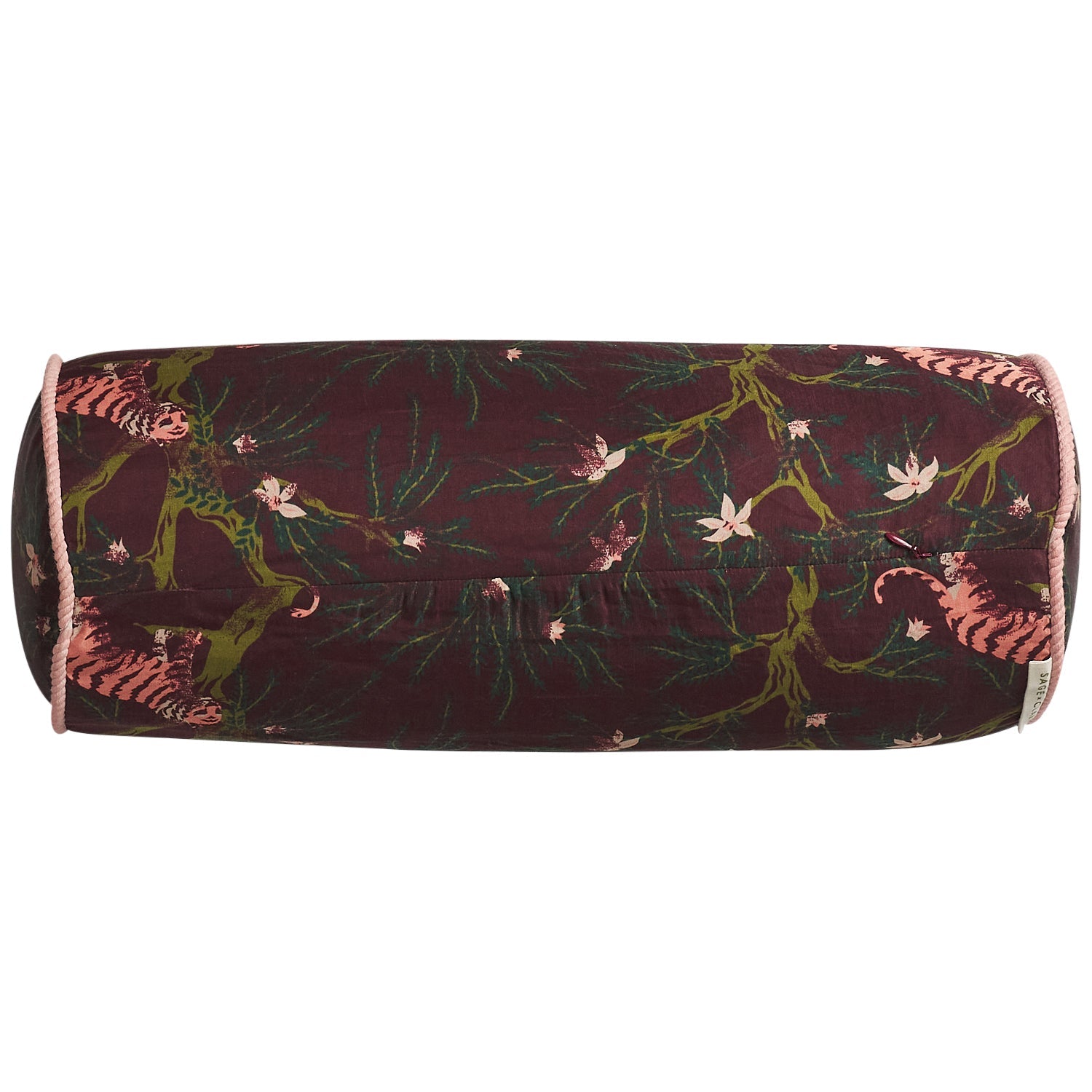 Full length view of Andrea Bolster Cushion displaying complete rosewood tiger and floral design