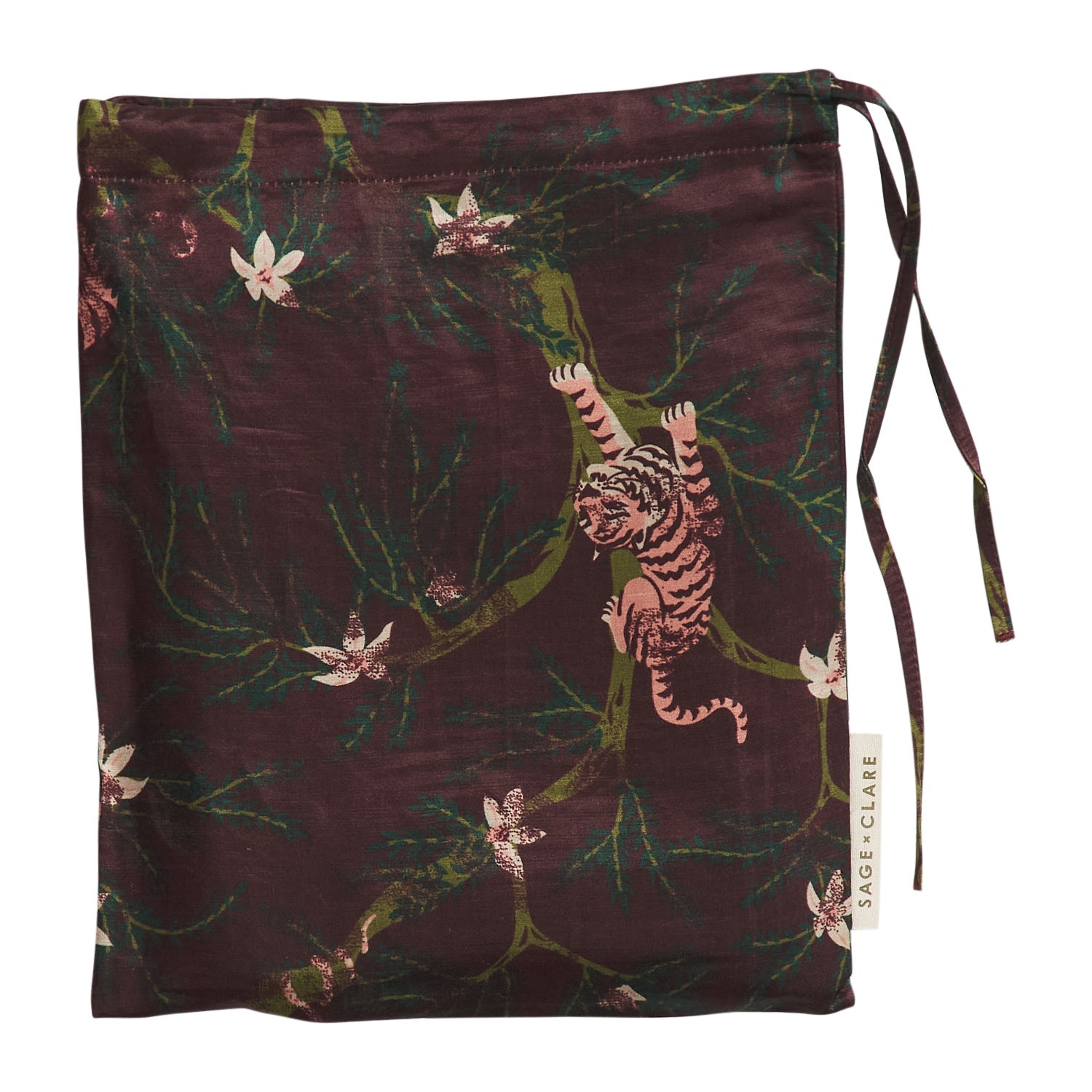 Andrea pillowcase in protective drawstring storage bag with Sage & Clare label showing packaging