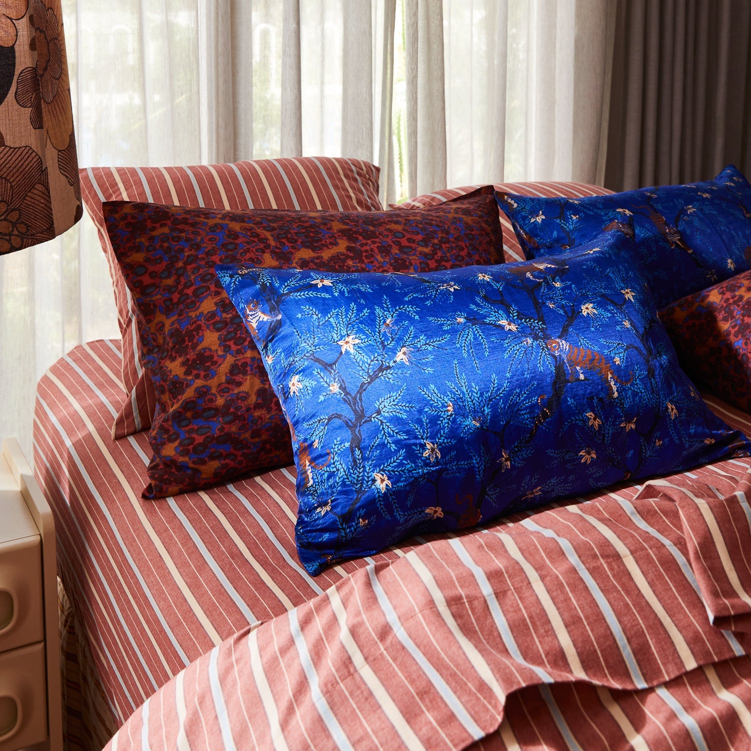 Andrea Linen-Silk Pillowcase in Ultramarine by Sage & Clare with tiger jungle print pattern