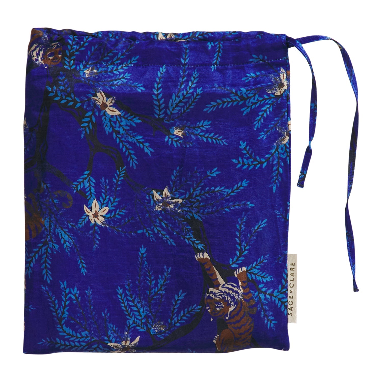 Storage bag for Andrea pillowcase with matching ultramarine tiger print and Sage & Clare label