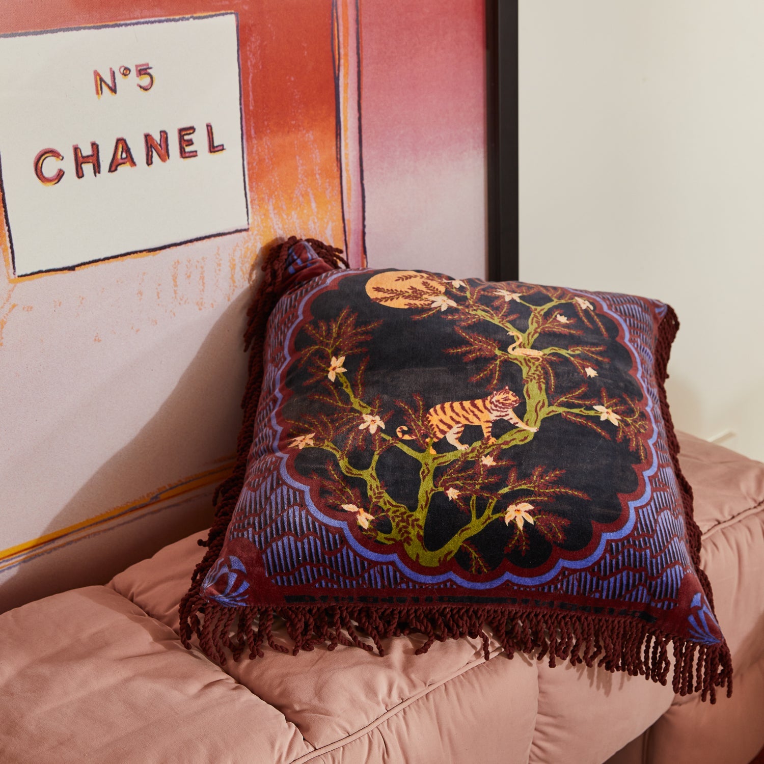 Andrea Velvet Cushion in Ink by Sage and Clare with tiger palm tree design and fringe edges