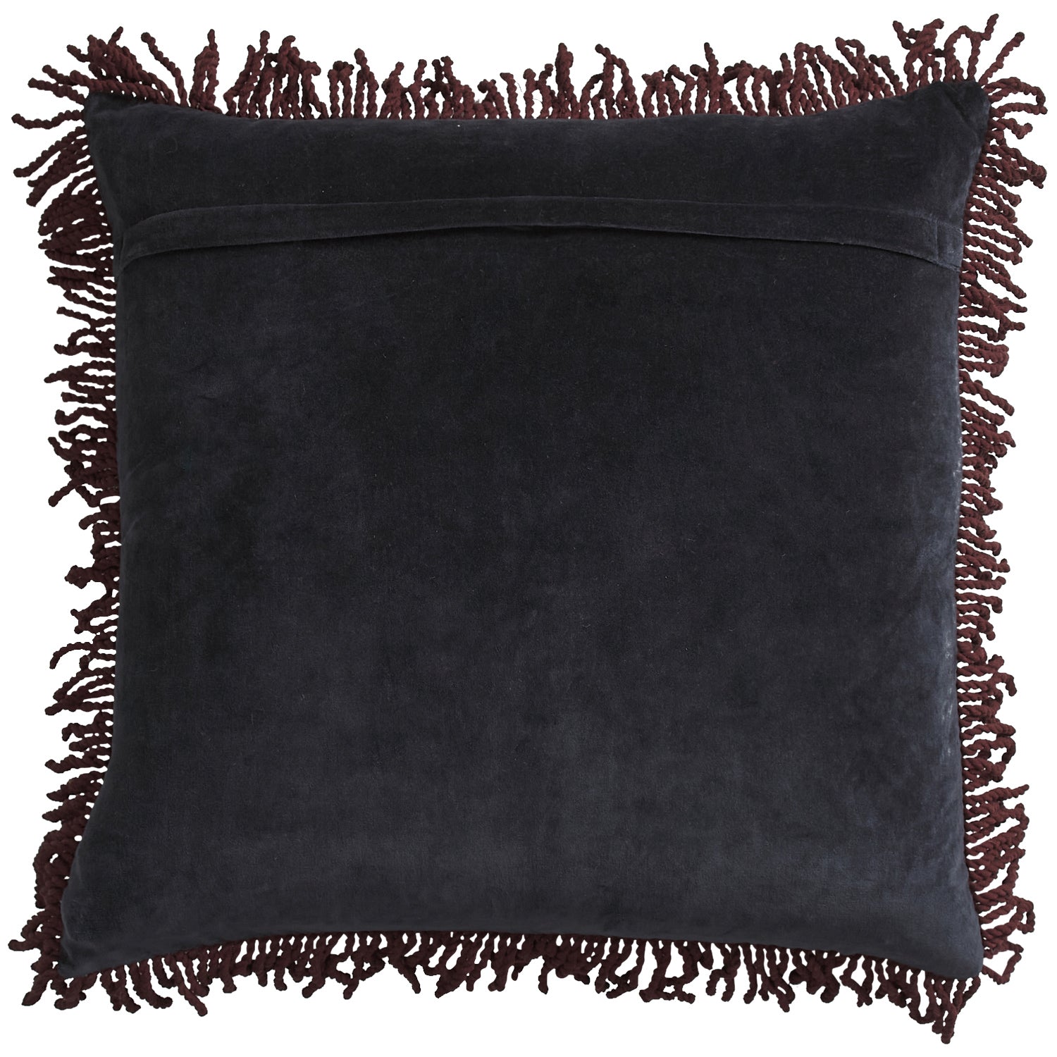 Back view of Andrea Velvet Cushion showing solid ink velvet fabric and contrast fringe edges