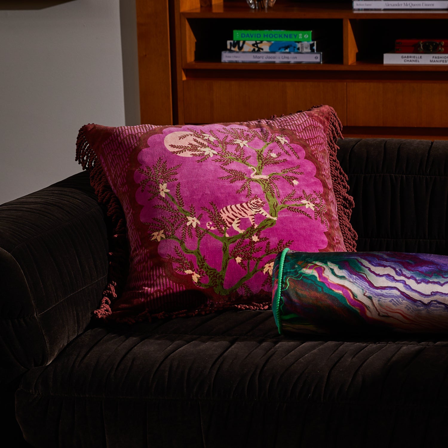 Andrea Velvet Cushion in Pansy by Sage & Clare with tiger and botanical print design and fringe edges