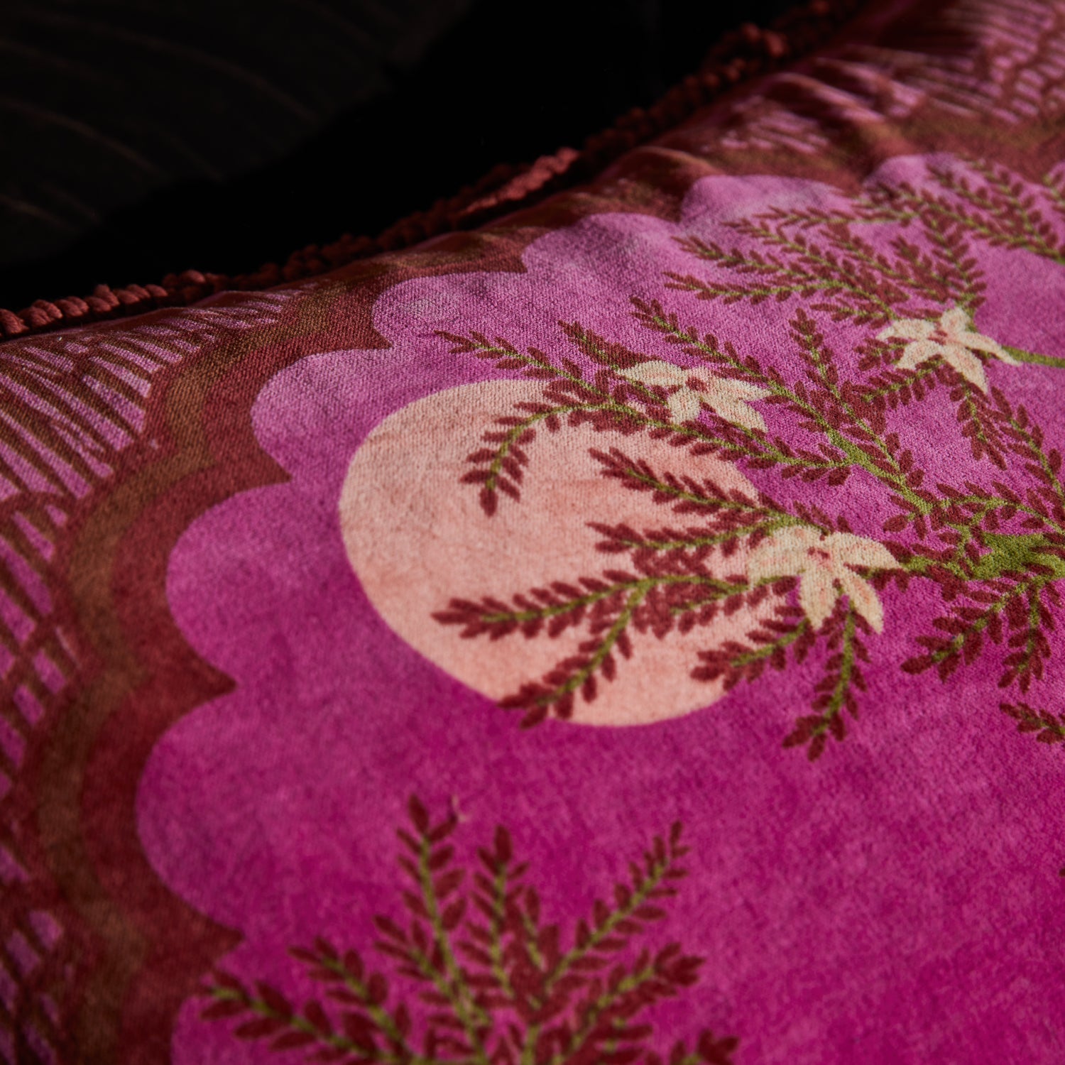 Close-up of soft velvet texture on Andrea Cushion showing botanical fern and flower details