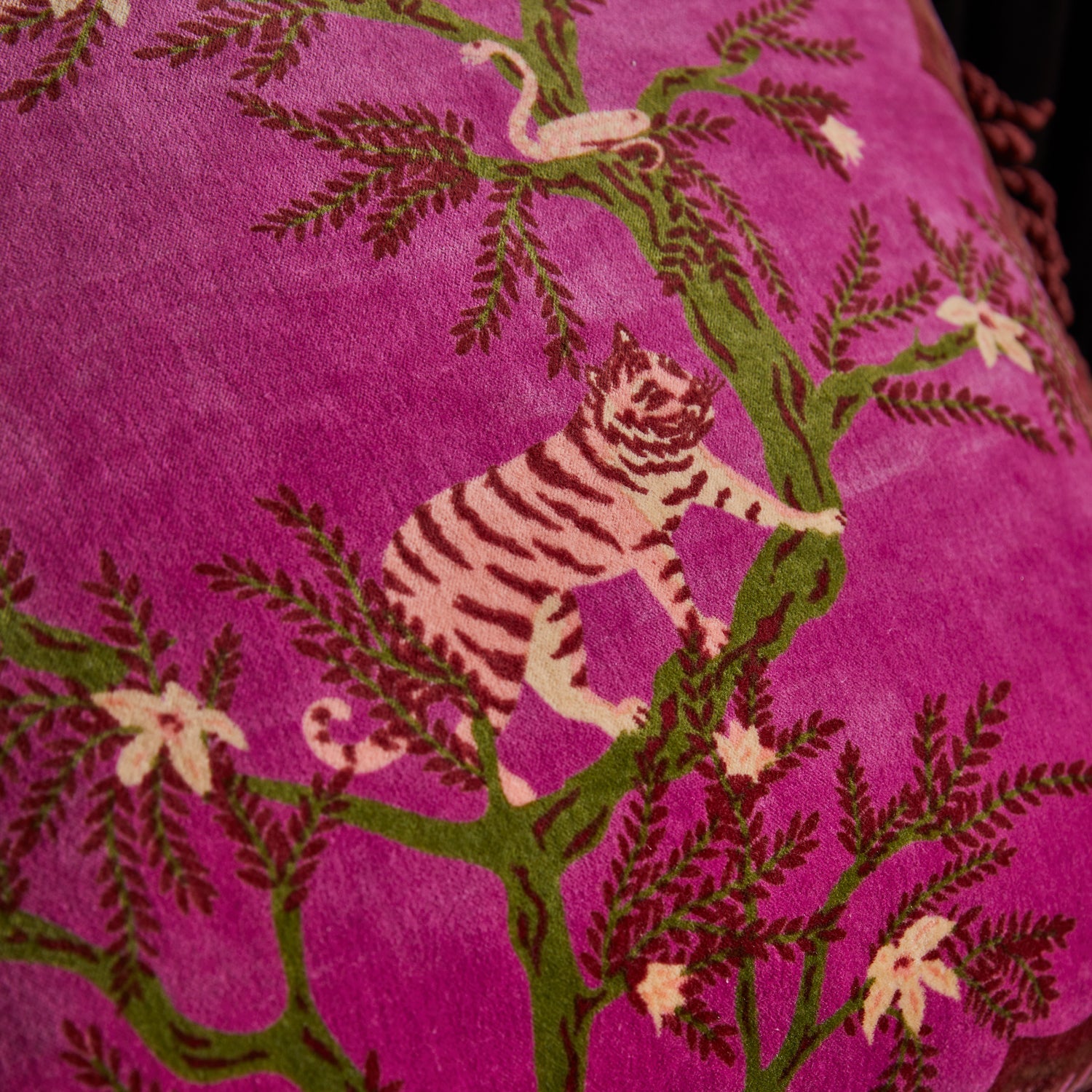 Detail view of striped tiger motif on Andrea Velvet Cushion Pansy showing plush velvet finish
