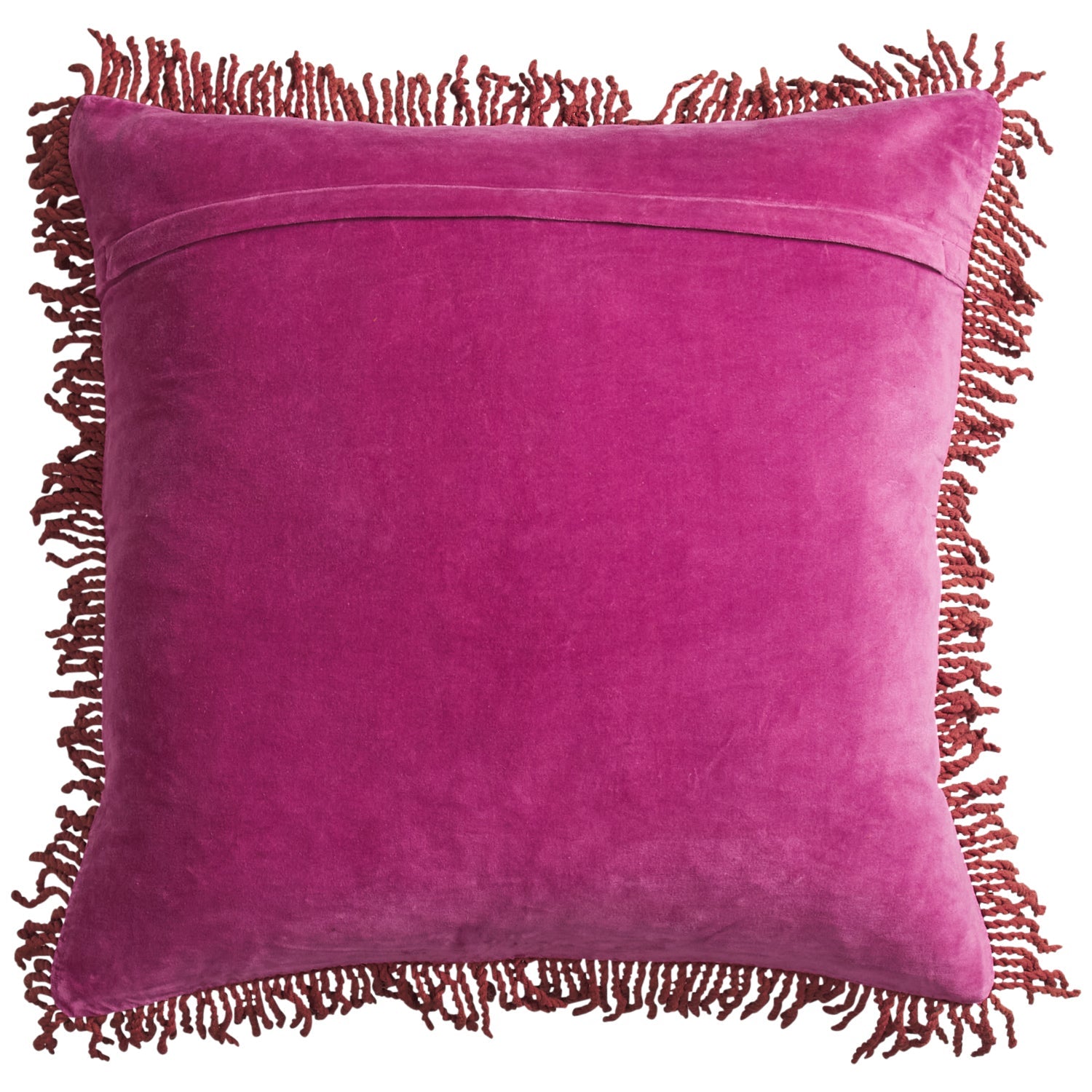 Back view of Andrea Velvet Cushion Pansy showing solid pansy color and decorative fringe trim