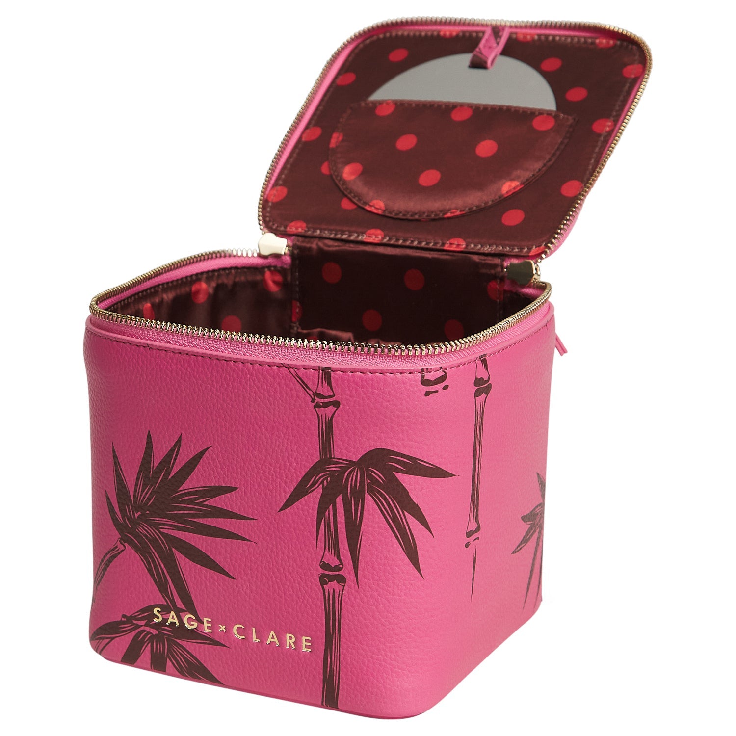 Removable compact mirror feature of Aneta vanity case for convenient touch-ups