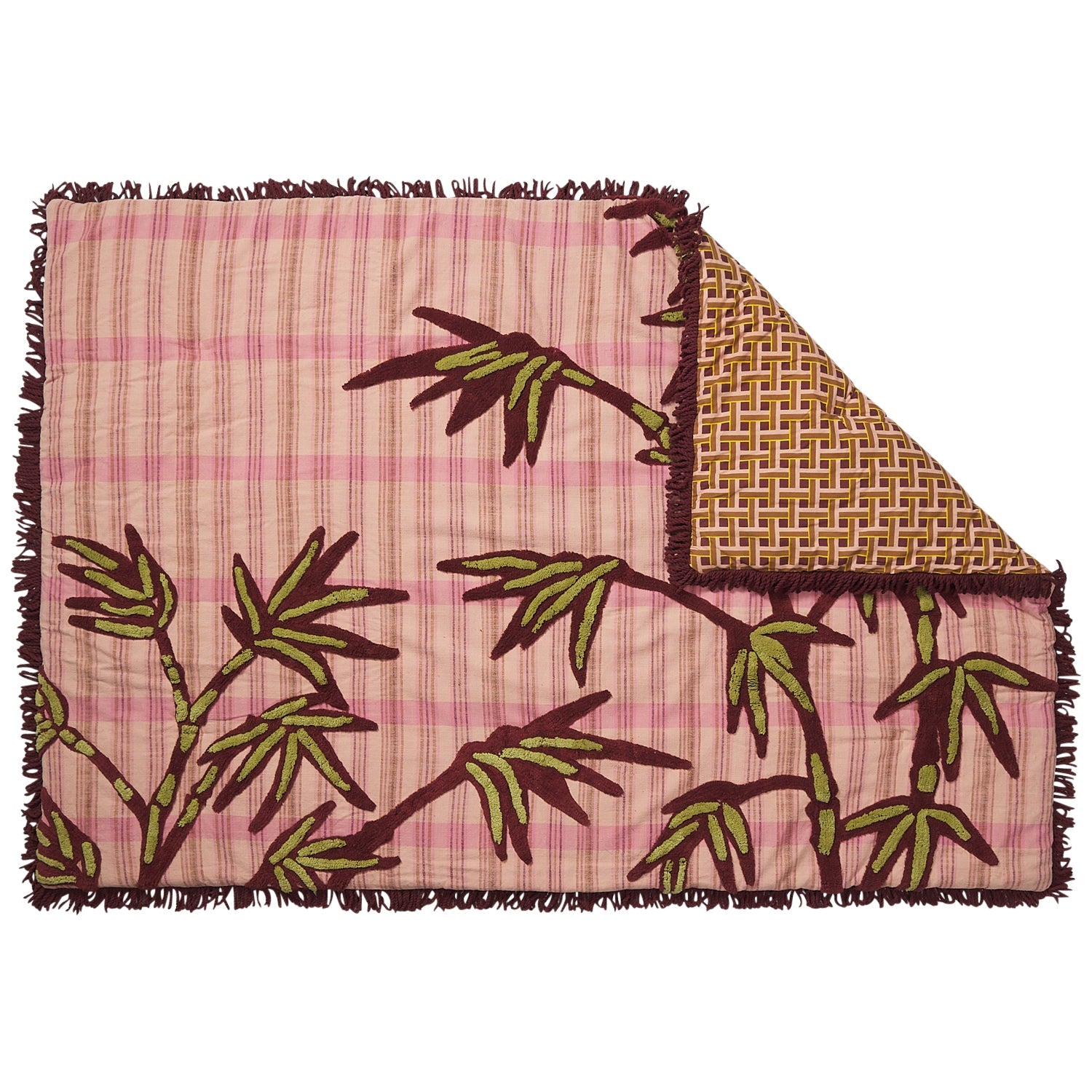 Aneta Tufted Blanket corner showing layered geometric and palm patterns with burgundy fringe detailing