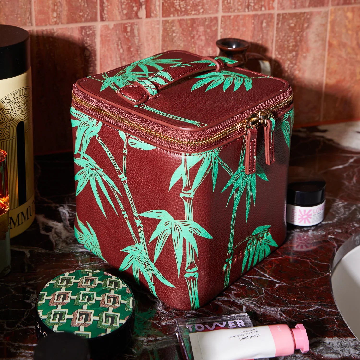 Aneta Small Vanity Case - Rosewood by Sage & Clare: Brown and green print