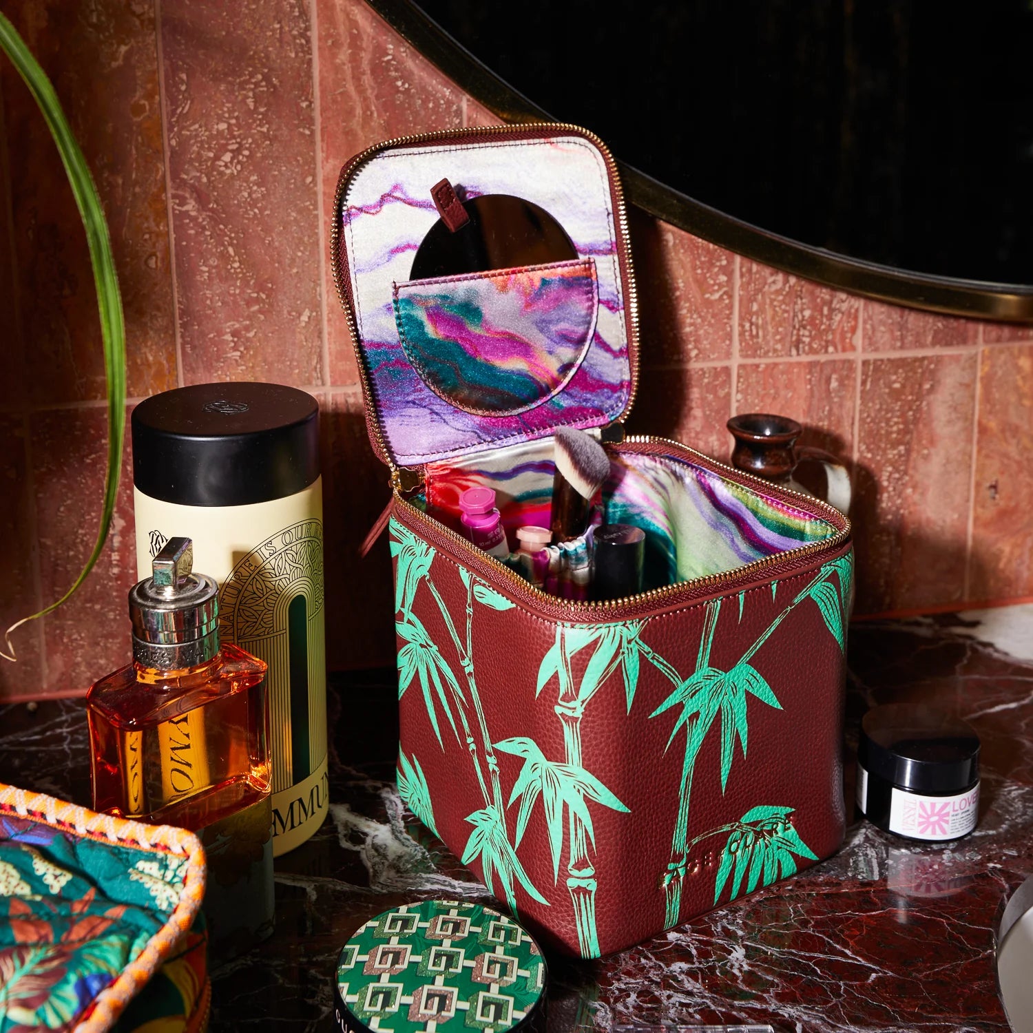 Aneta Small Vanity Case - Rosewood by Sage & Clare brown and green bamboo print