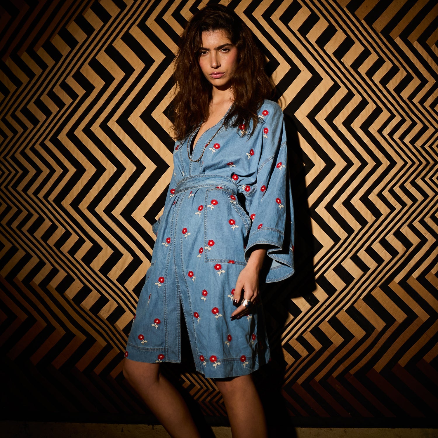 Full front view of light blue denim robe with red floral embroidery, deep V-neck, and kimono sleeves, unbelted