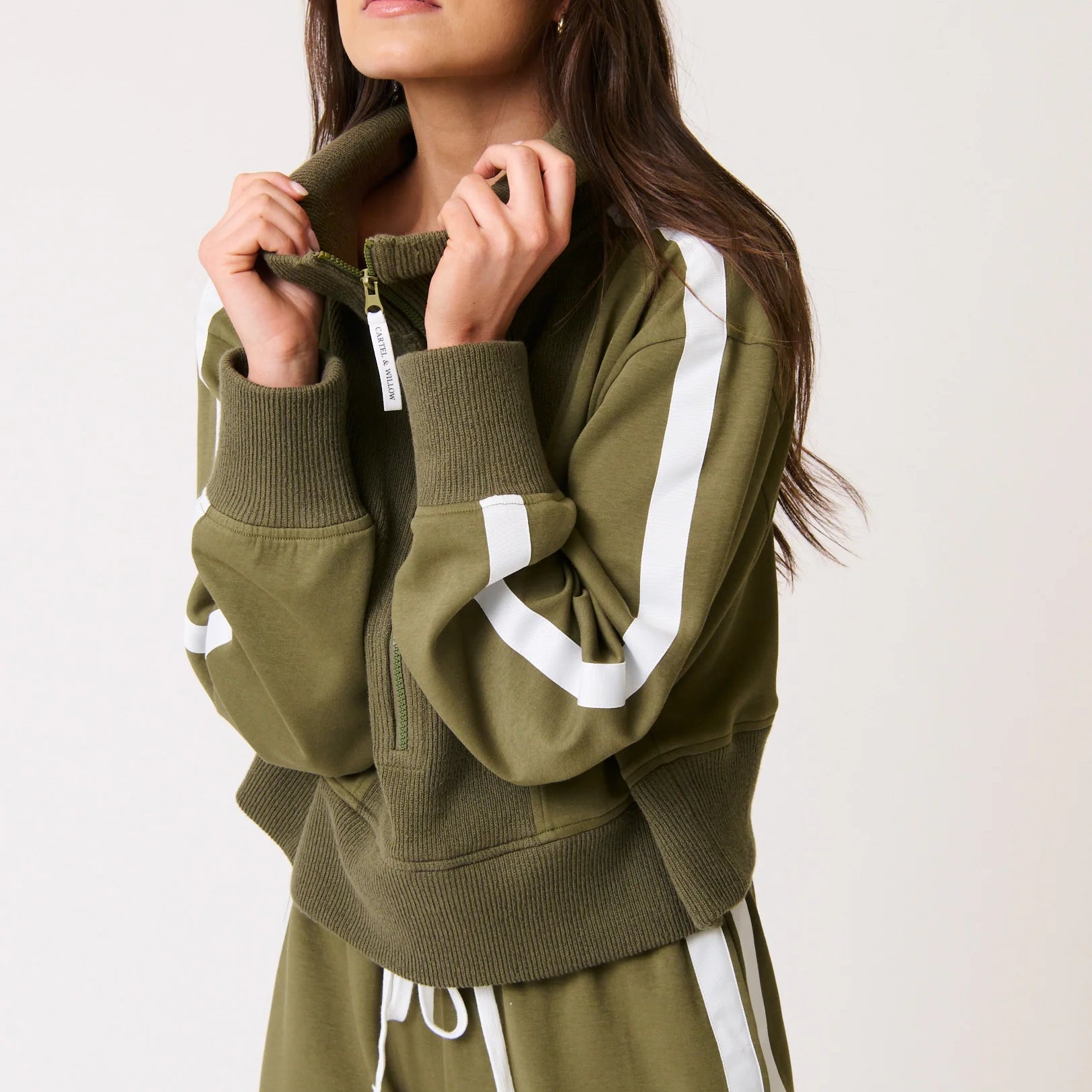 Cartel & Willow Khaki Sweater with front zip and white stripes