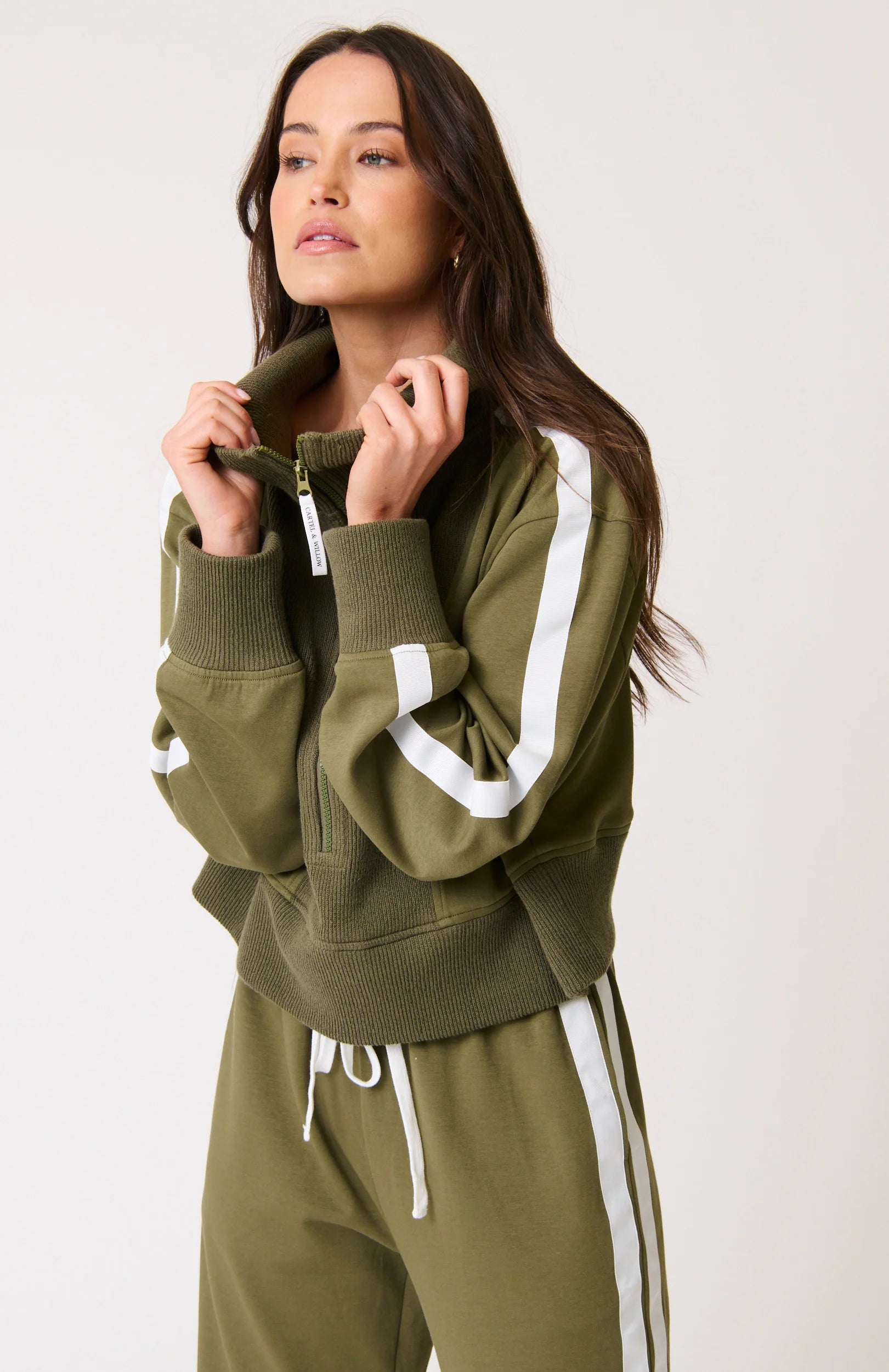 Cartel & Willow Khaki Sweater with front zip and white stripes