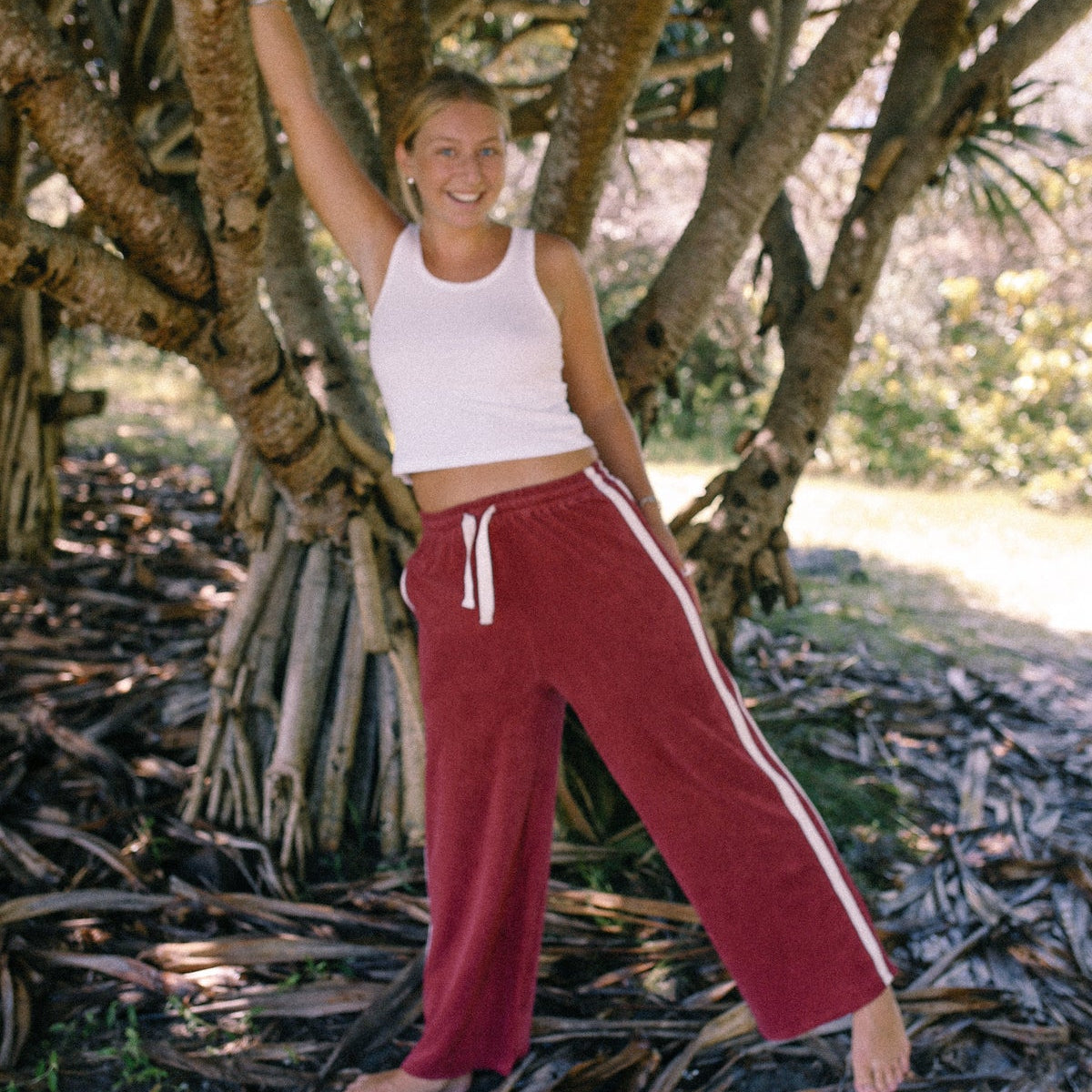 Atmosea Terry Pants in Berry red colours. 100% cotton terry toweling