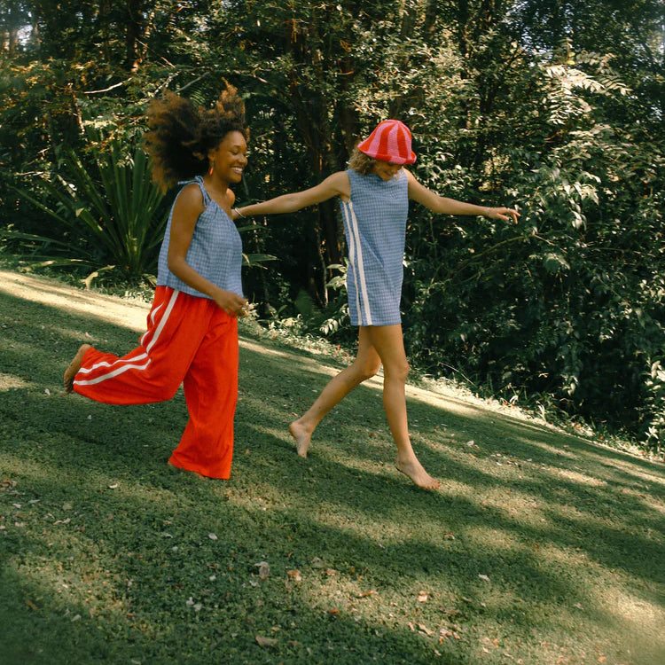 red 100% cotton terry towelling pants with white stripe