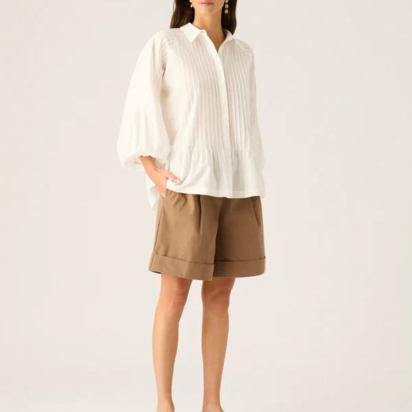 Aurelia white pleated Blouse made from cotton, tencel and linen by MOS The Label
