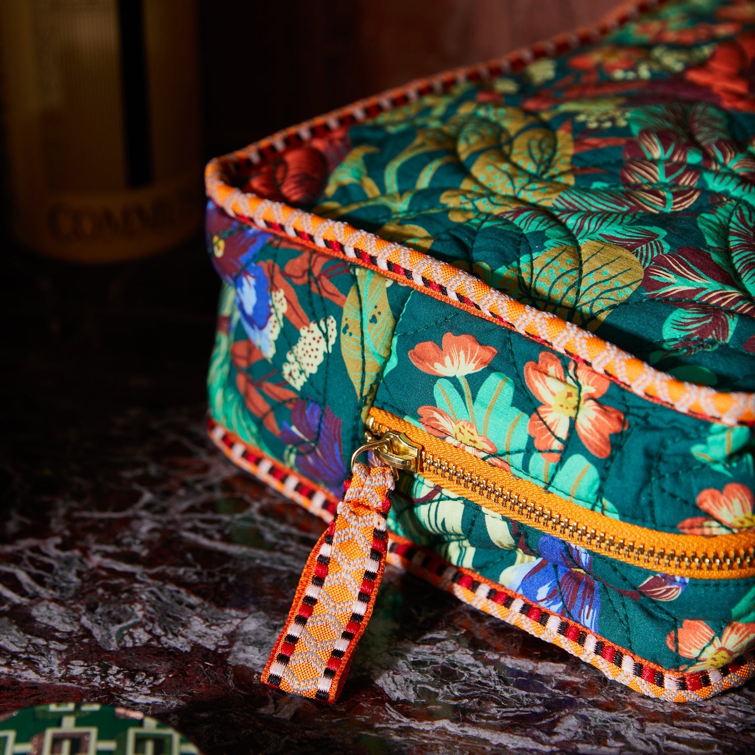 Quilted organic cotton vanity bag detail shot showing textured fabric pattern