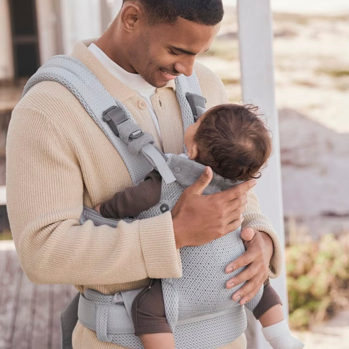 Dad wearing Baby Bjorn Baby Carrier Harmony 3D Mesh Silver