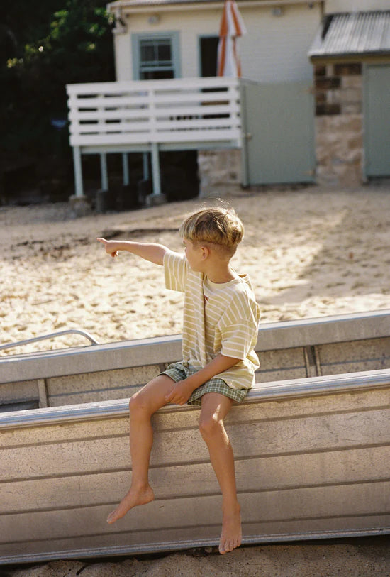 boy wearing Banjo Short – Green Check by Juni