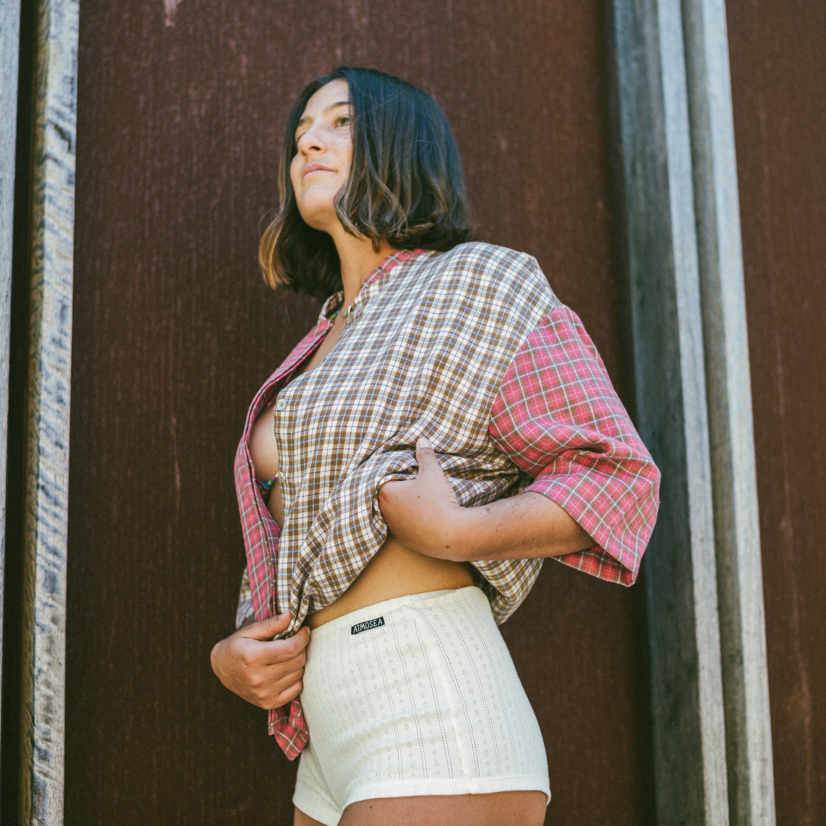 Lady wearing Beach Pj Short - Pointelle Cream | Atmosea