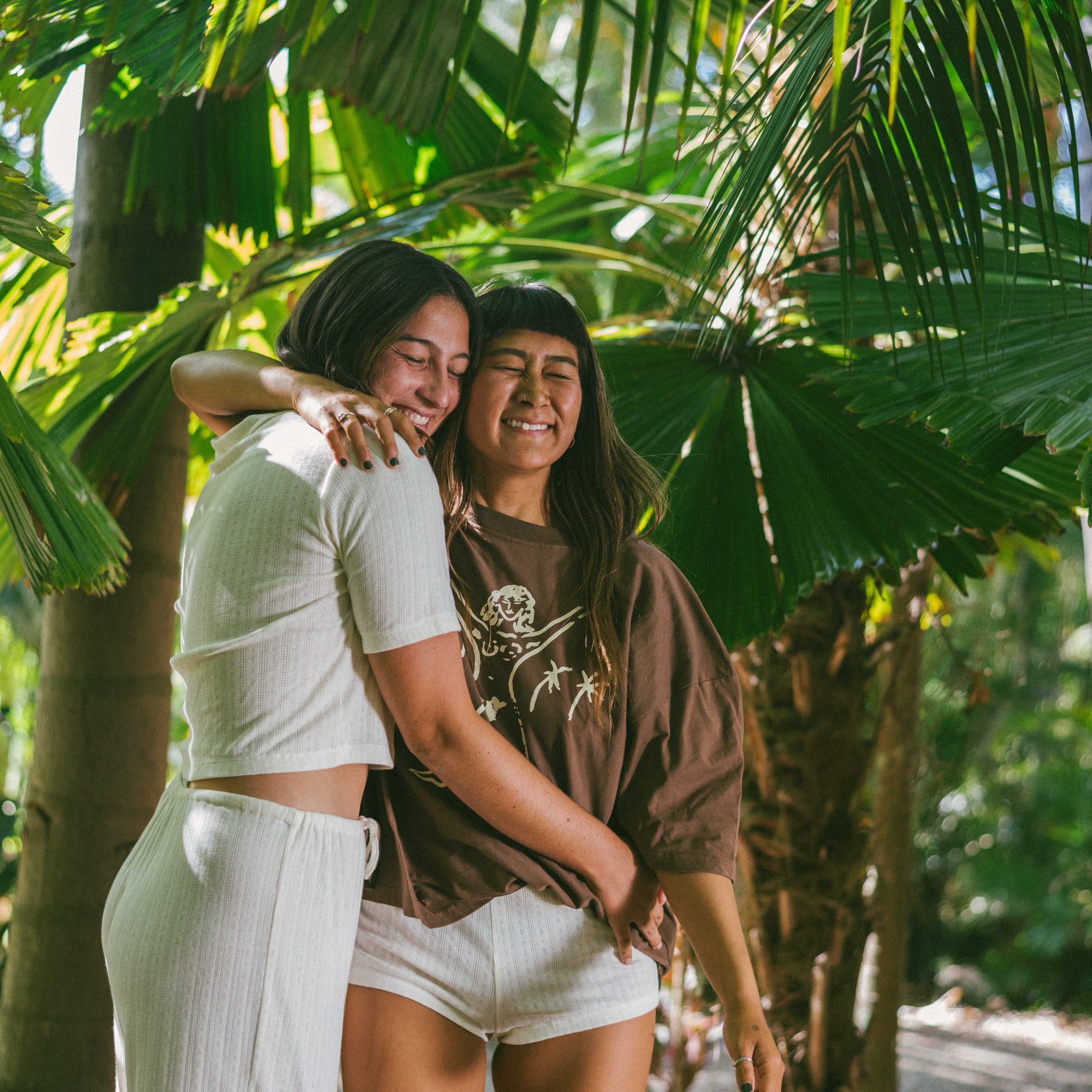 Two ladies together, one wearing Beach Pj Short - Pointelle Cream | Atmosea