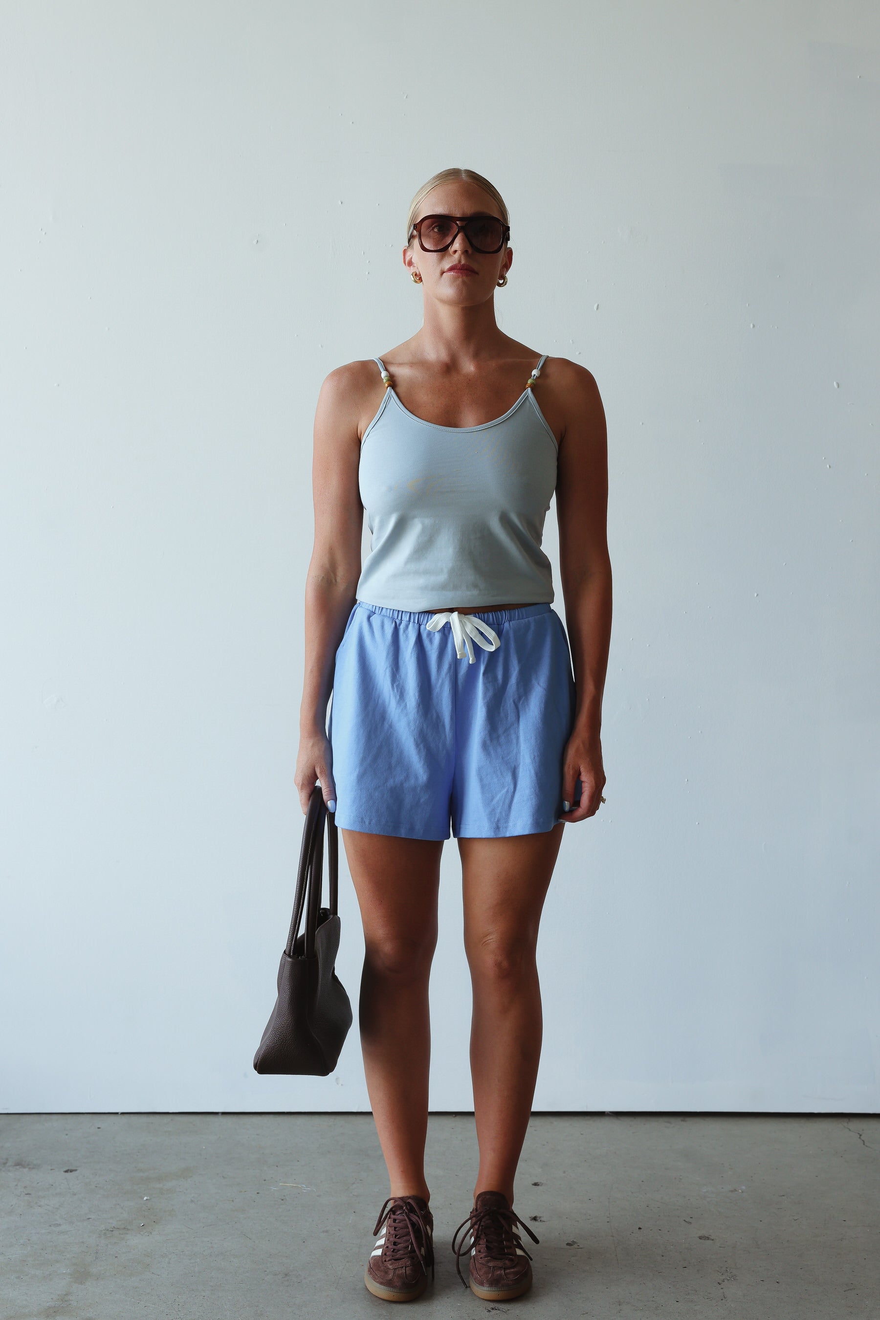 Model wearing Bead Tank - Cornflower by By Billie