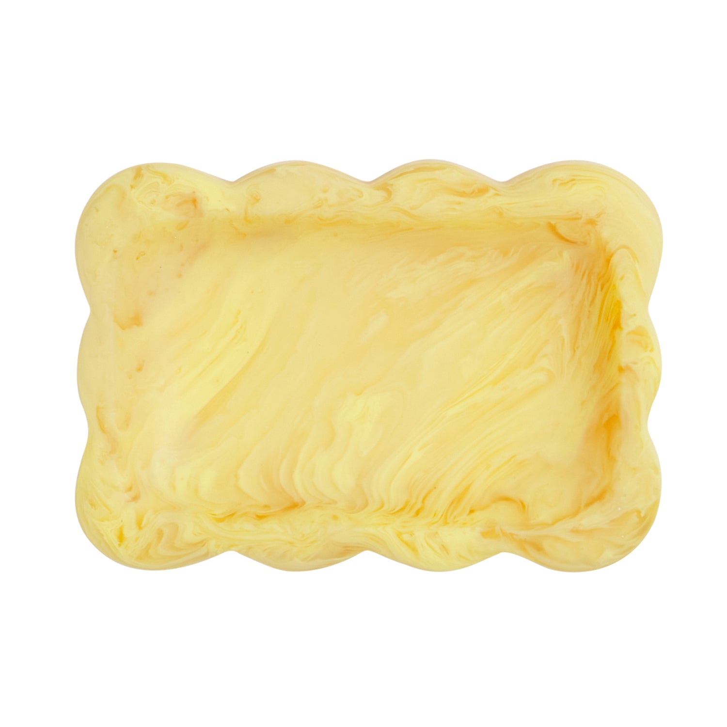 Aspen Gold yellow marbled resin small tray with scalloped wavy edge, overhead view on white background