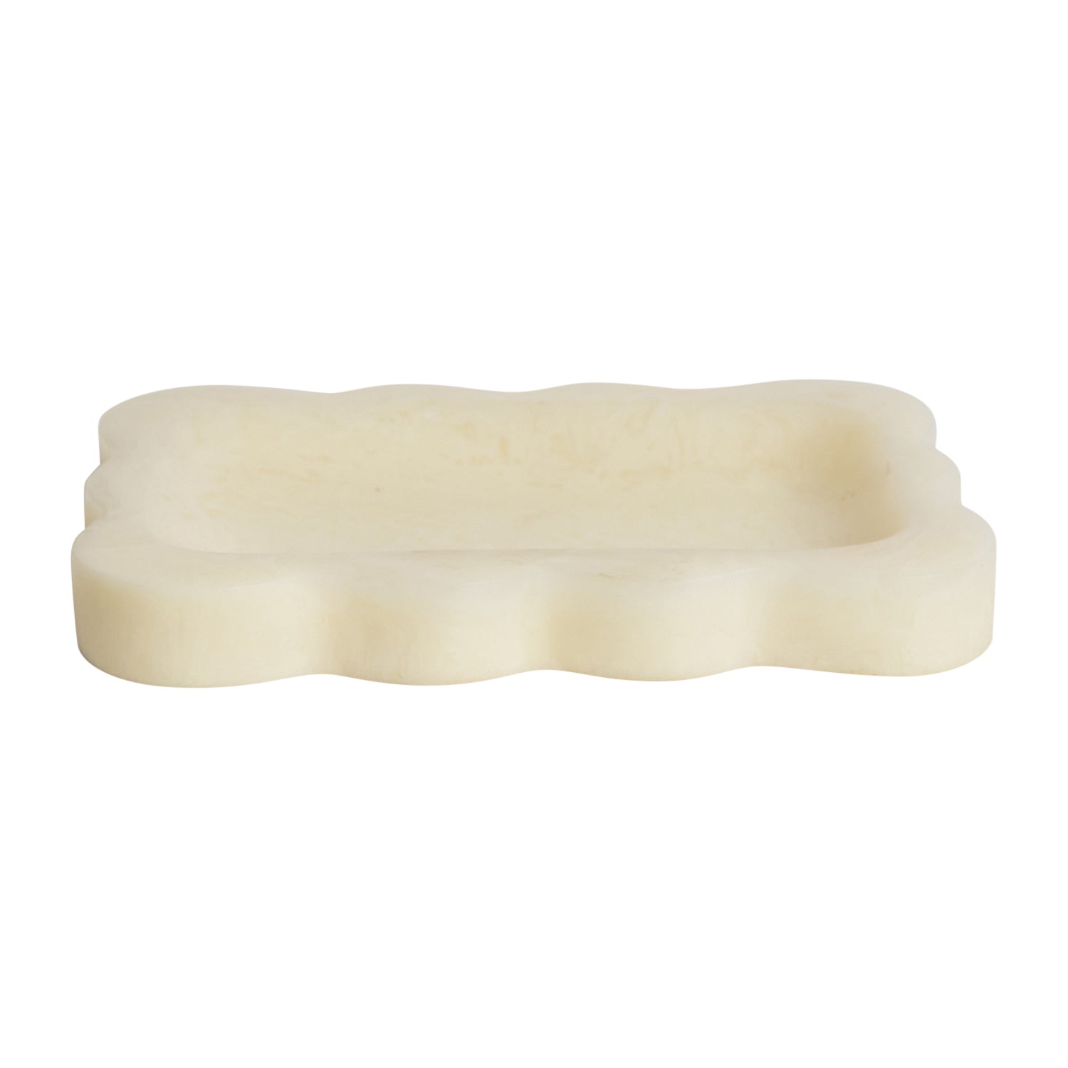 Pearl cream resin small tray with scalloped wavy edge, angled side view showing shallow depth on white background