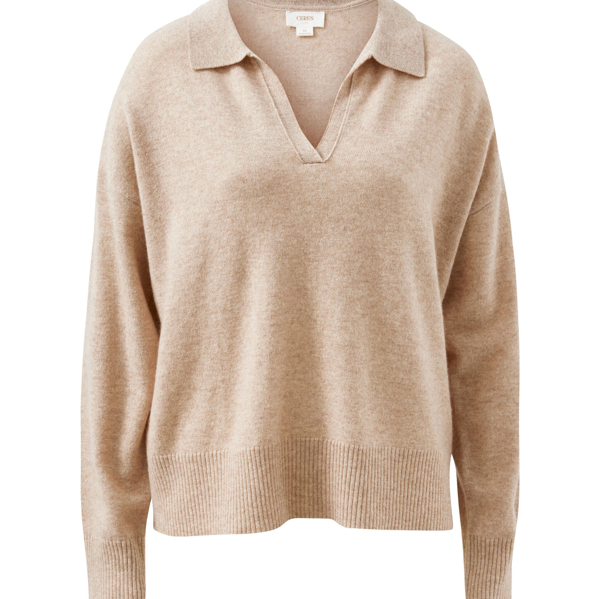 Front view of oat marle knit collared pullover showing V-neck collar and relaxed fit