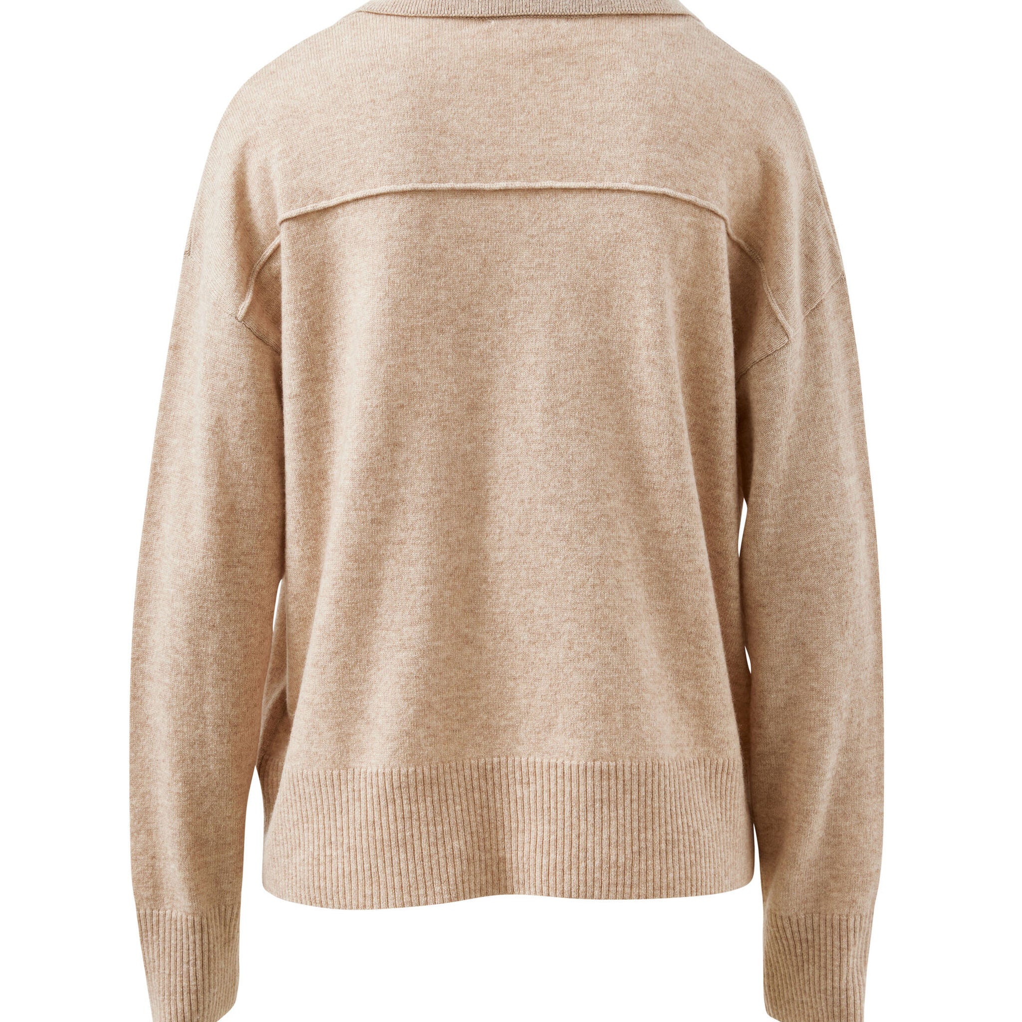 Back view of oat marle knit pullover showing collar detail and ribbed hem construction