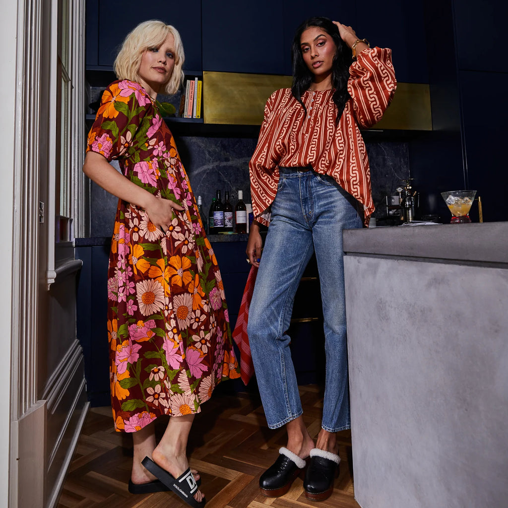 Benita Puff Sleeve Maxi Dress by Sage & Clare two models in dresses