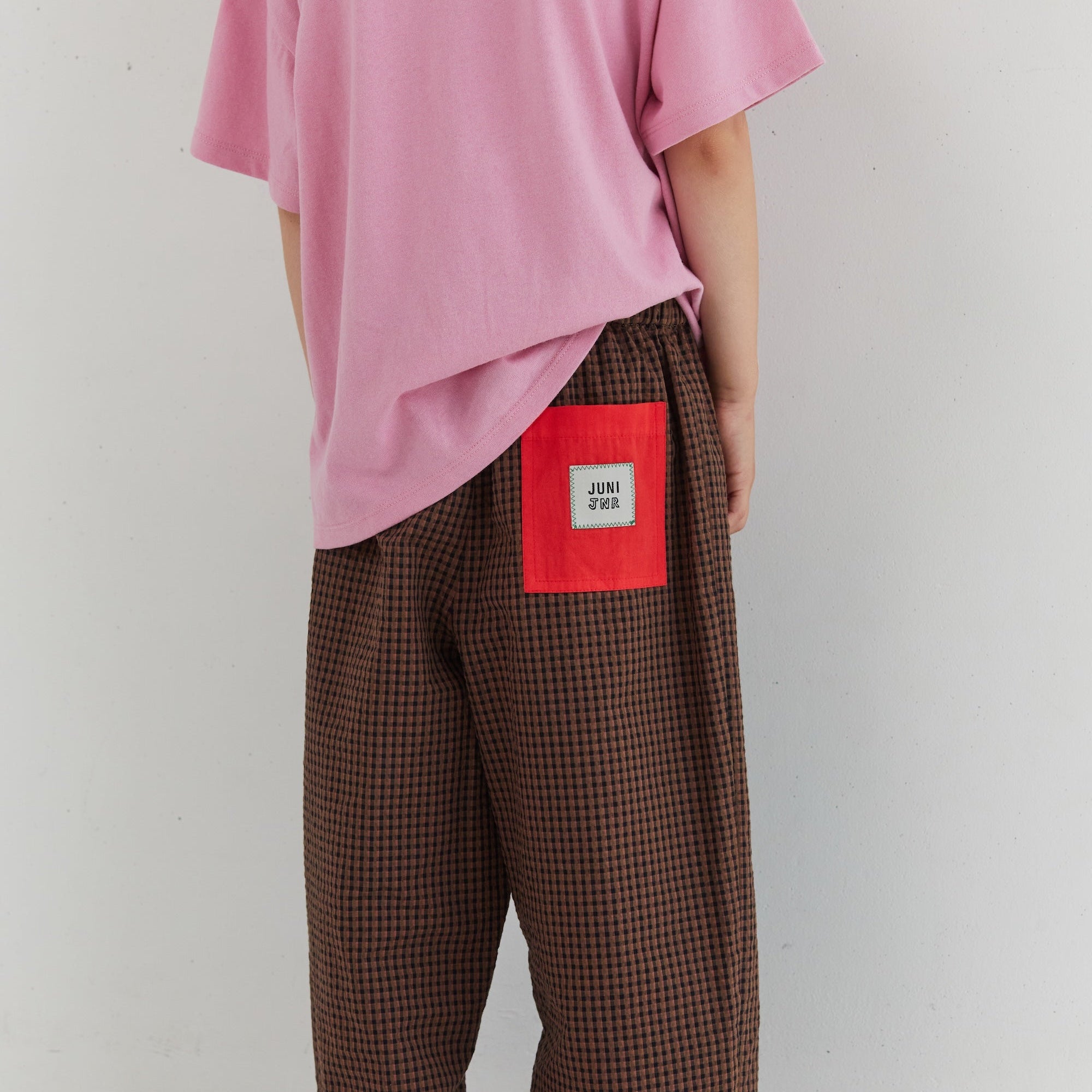 Juni Benji cotton check pants with belt and red back pocket